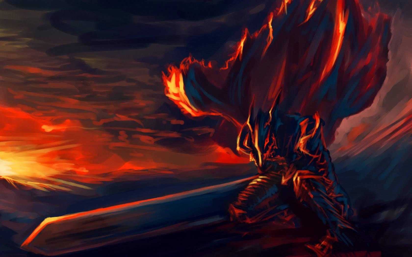 Berserk Guts 桌布 壁紙 — 一名身穿黑色盔甲、披著火焰披風的戰士，手持巨劍，佇立在熾熱的夕陽天空下。
