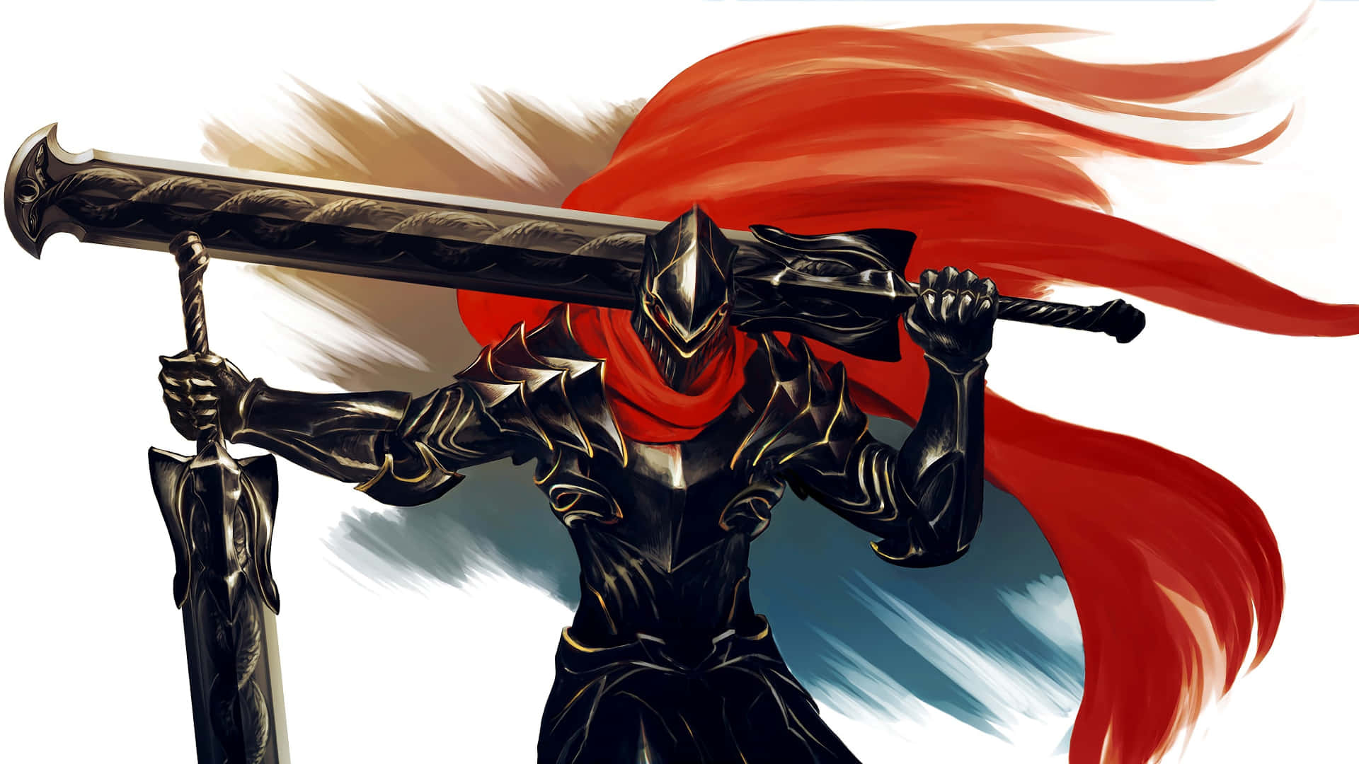 Overlord 桌布 壁紙 — 一名身穿黑色盔甲、披著飄逸紅色斗篷的騎士，在白色背景前將一把巨劍扛在肩上。