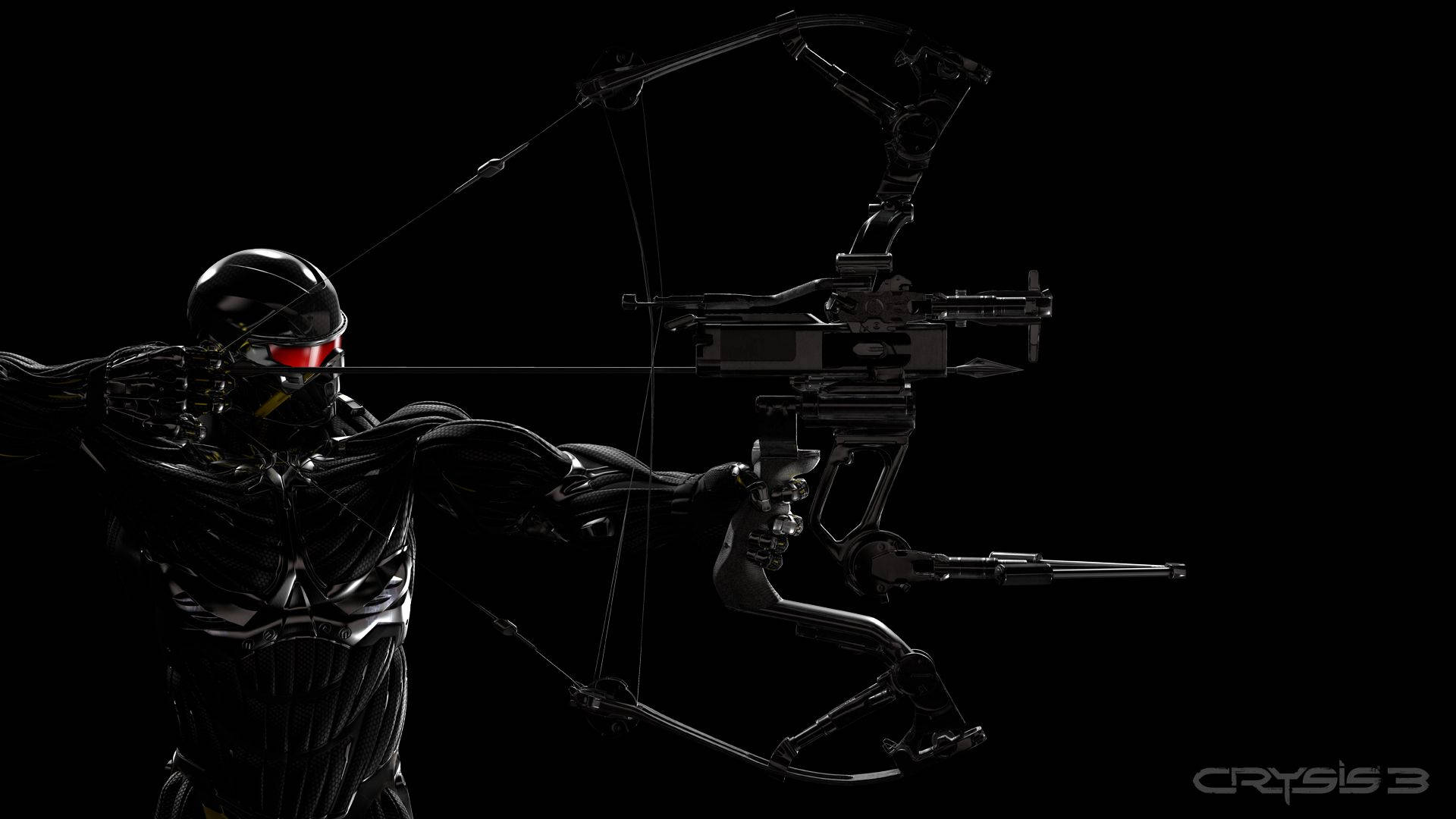 Crysis 3 桌布 壁紙 — 一名身穿黑色盔甲、眼睛發出紅光的未來戰士，正拉開一把高科技弓，對抗黑暗虛空。
