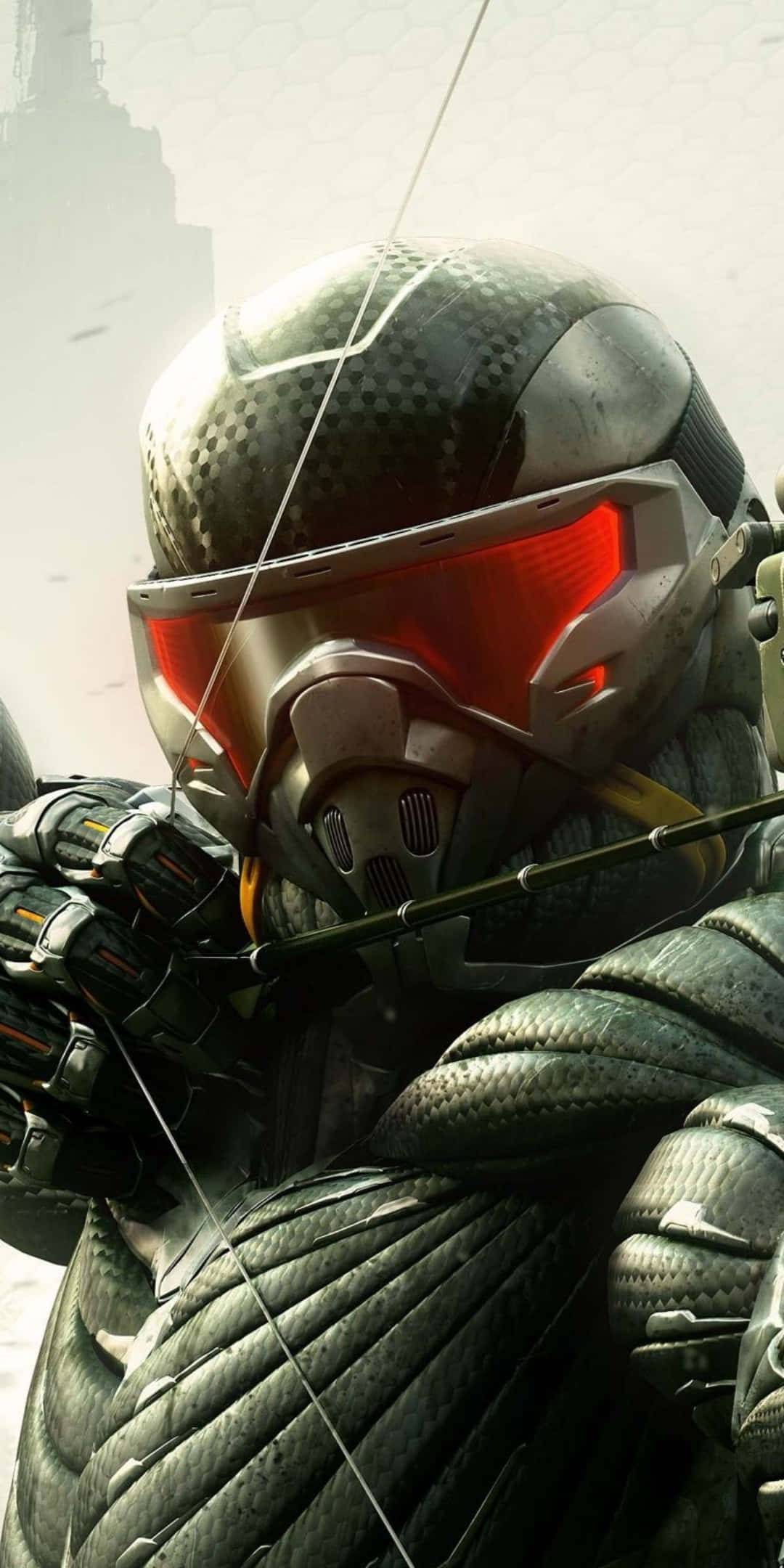 Pixel 3 Crysis 3 桌布 壁紙 — 一名身穿黑色盔甲、配備紅色發光護目鏡的未來戰士，正瞄準模糊的城市天際線拉弓。