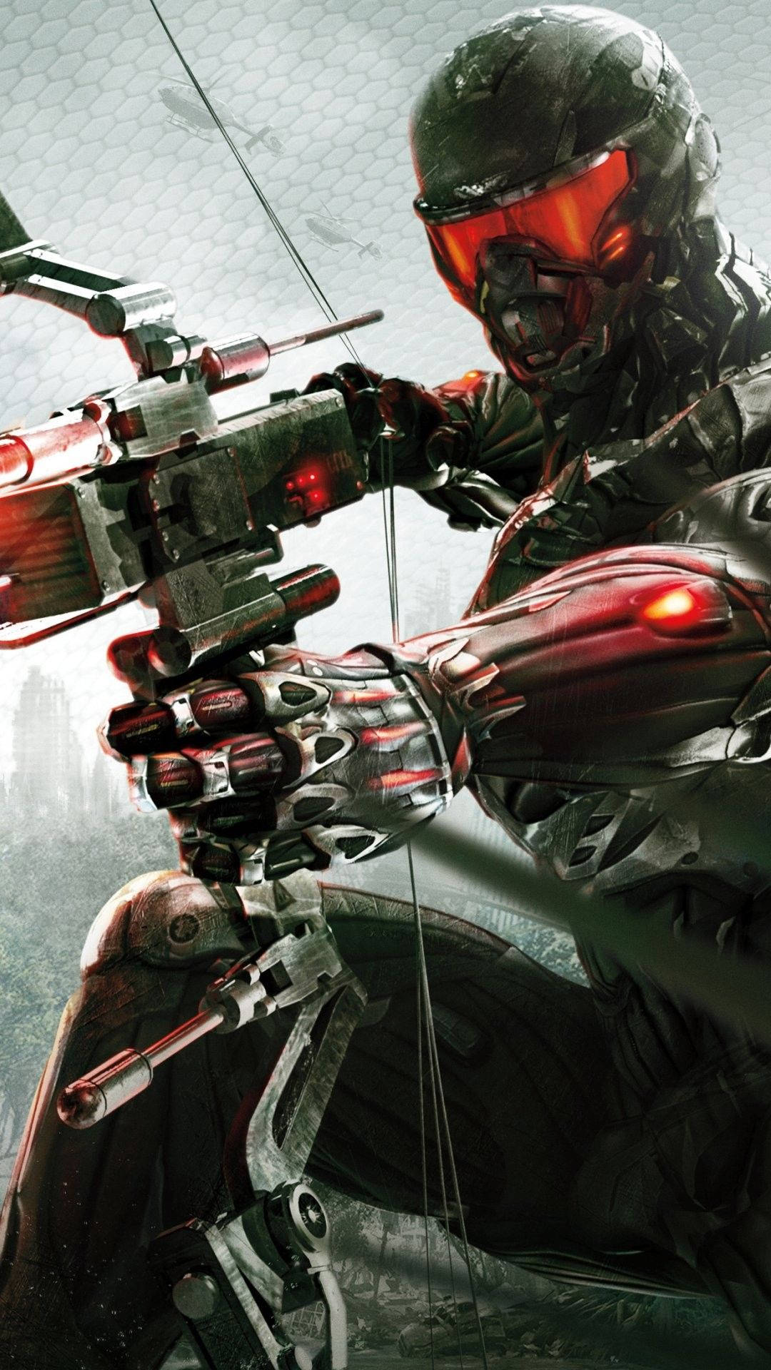 Crysis 3 桌布 壁紙 — 一名身穿黑色盔甲、配備紅色發光護目鏡的未來戰士，在粗糙的城市背景下瞄準一把高科技弓。