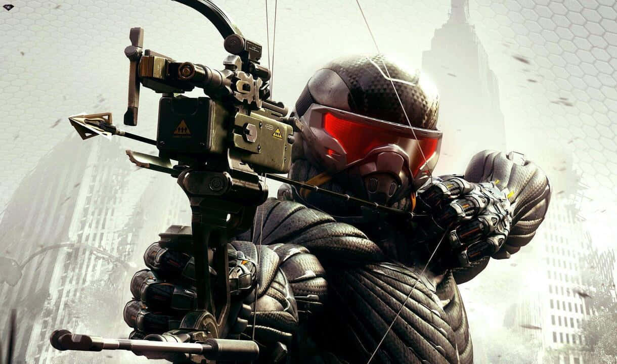 720p Crysis 3 桌布 壁紙 — 一名身穿黑色盔甲和紅色護目鏡的未來戰士，正瞄準模糊的城市天際線，手持高科技弓。