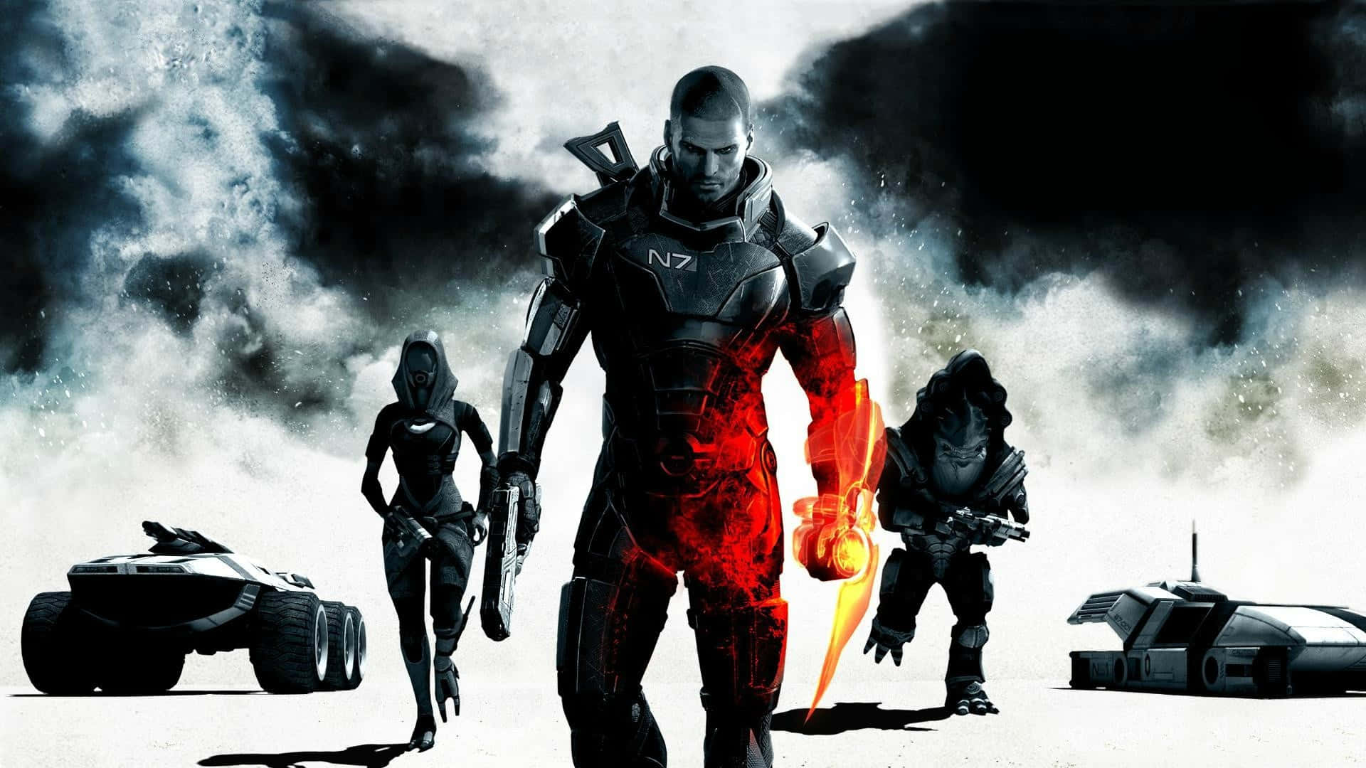 Tali'zorah 桌布 壁紙 — 一名身穿黑色盔甲的士兵，手持發光的紅色能量刀片，在暴風雨的外星景觀中挑釁地站立，兩側是盟友和未來主義的車輛。