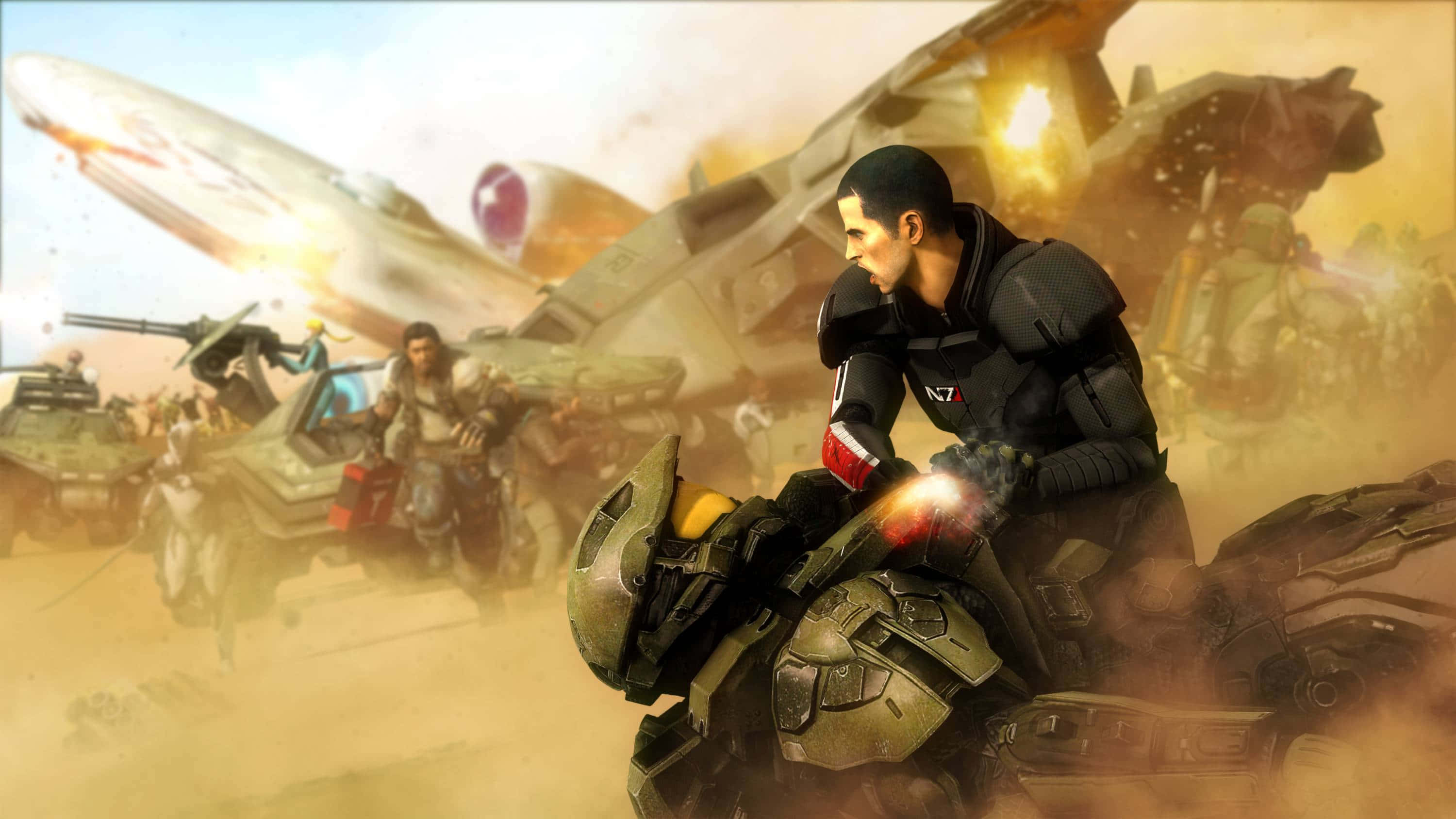 Halo Battle 桌布 壁紙 — 一名身穿黑色盔甲的士兵在塵土飛揚的戰場上駕駛未來風格的機車，背景有爆炸和戰爭機器。