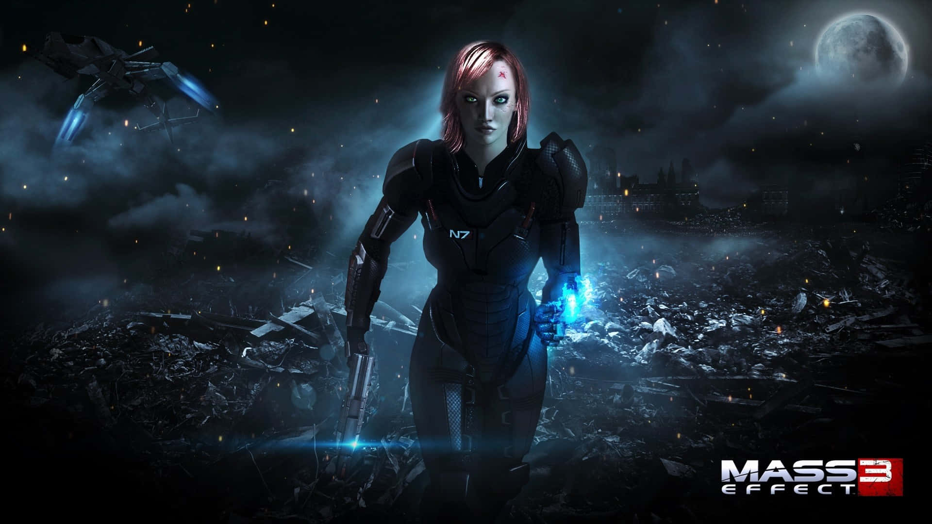 Mass Effect Multiplayer 桌布 壁紙 — 一名身穿黑色盔甲的女兵站在瓦礫中，月光下天空有一艘太空船懸浮在上方。