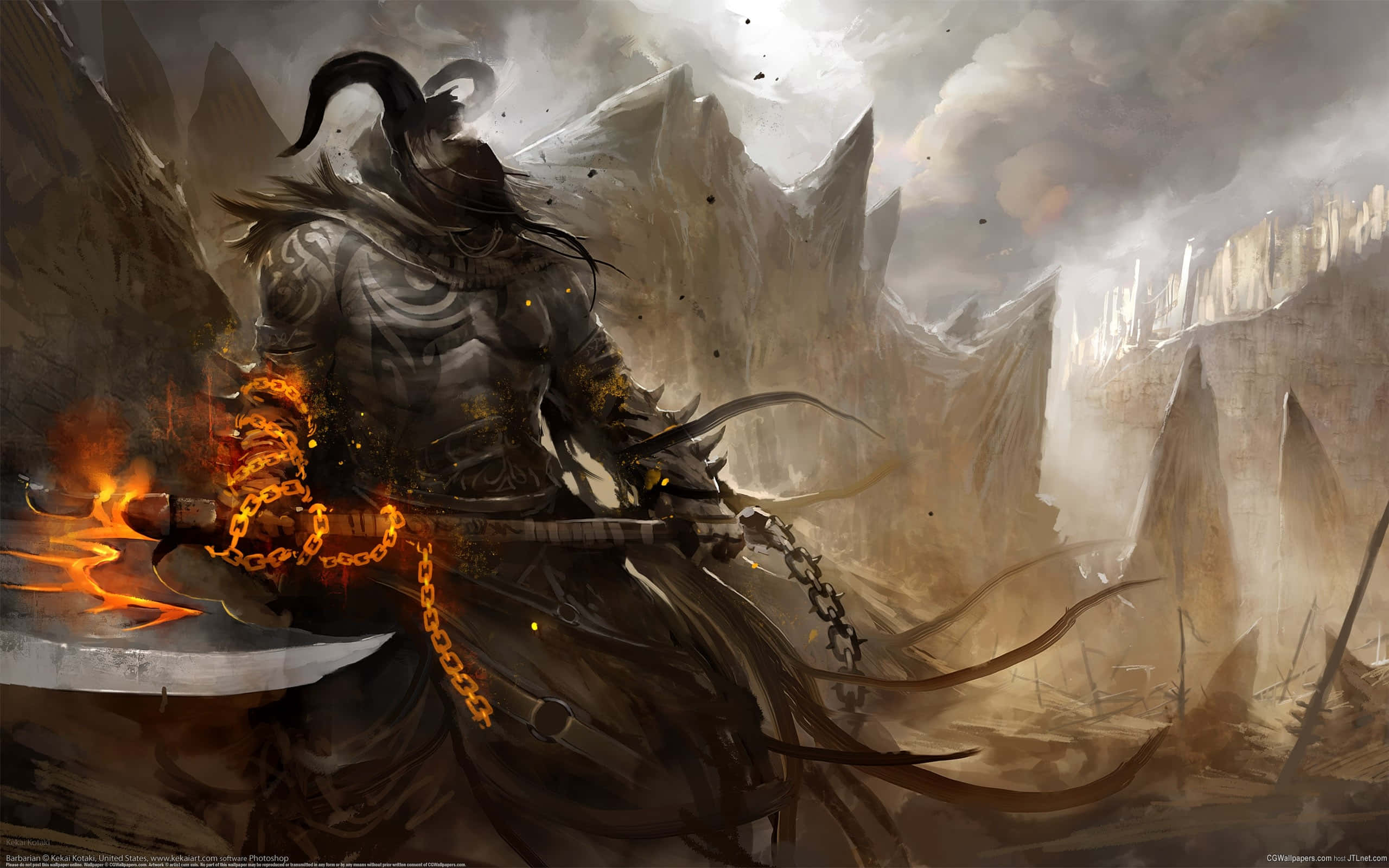 Norse Mythology 桌布 壁紙 — 一名身穿黑色盔甲的戰士，手持火焰鎖鏈，在風暴天空下的鋸齒狀山峰間揮舞著劍。