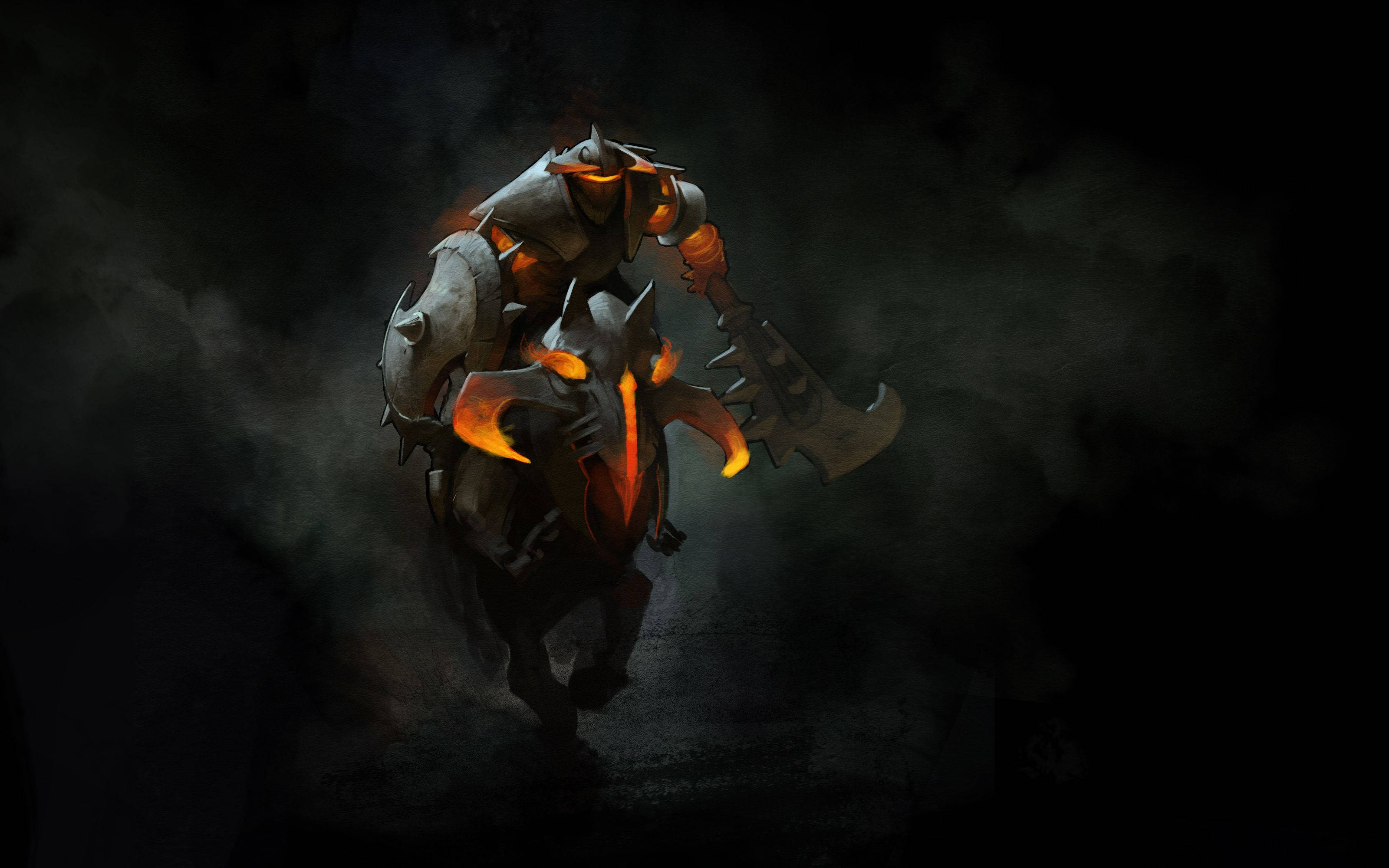 dota 2 4K 桌布 壁紙 — 一名身穿黑色盔甲的戰士，擁有發光的橙色眼睛和武器，衝過煙霧繚繞的陰影。