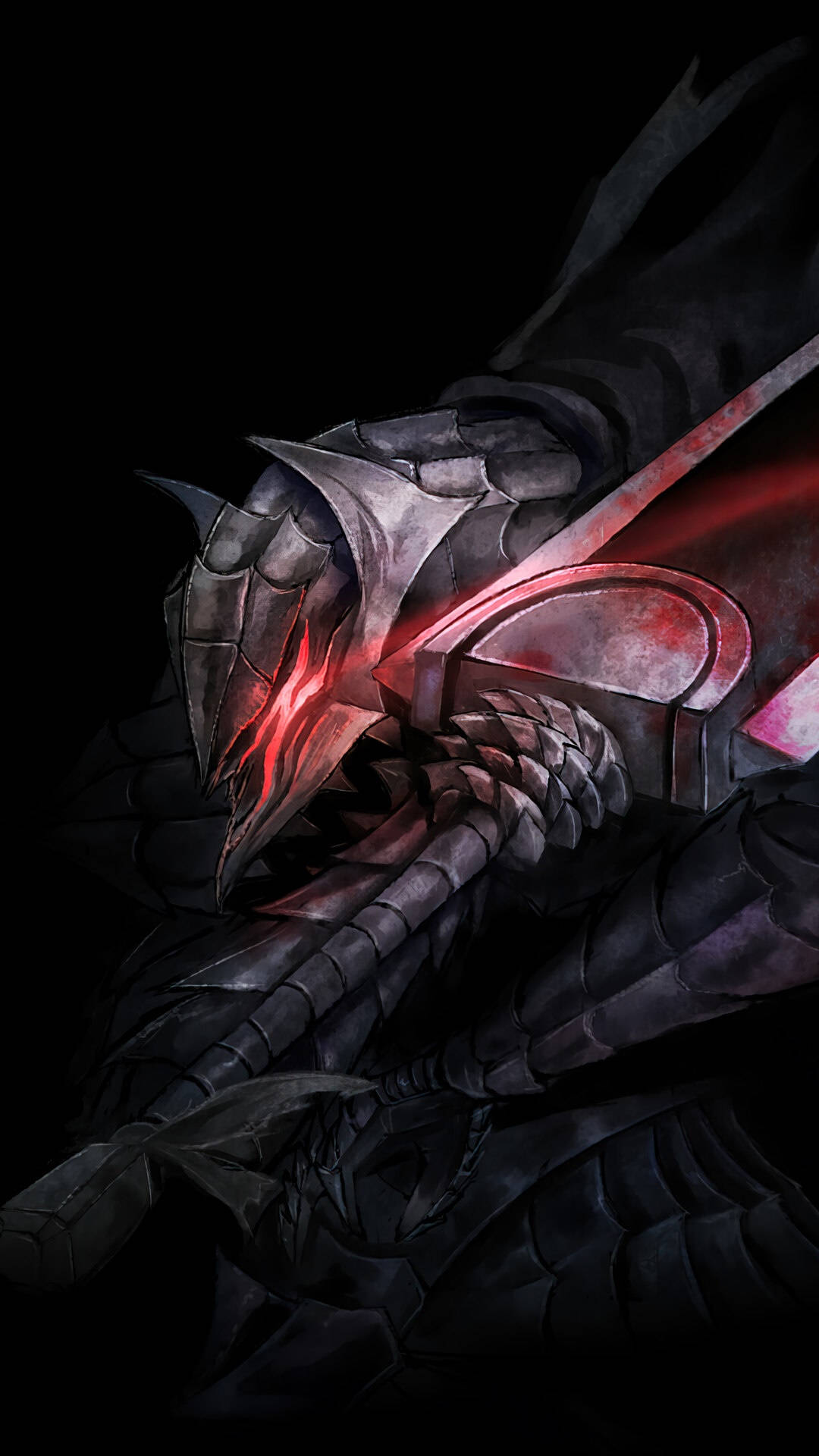 Berserk Guts 桌布 壁紙 — 一名身穿黑色盔甲的戰士，雙眼發出紅光，手握一把沾滿鮮血的劍，背景為黑色。