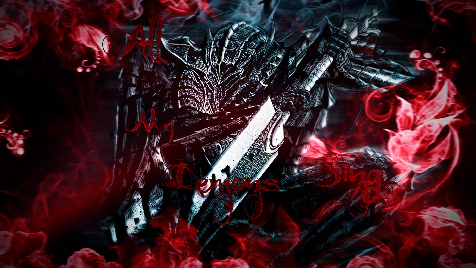 Berserk Guts 桌布 壁紙 — 一名身穿黑色盔甲的戰士在黑色背景下，於旋轉的紅色火焰和煙霧中揮舞著一把巨大的劍。