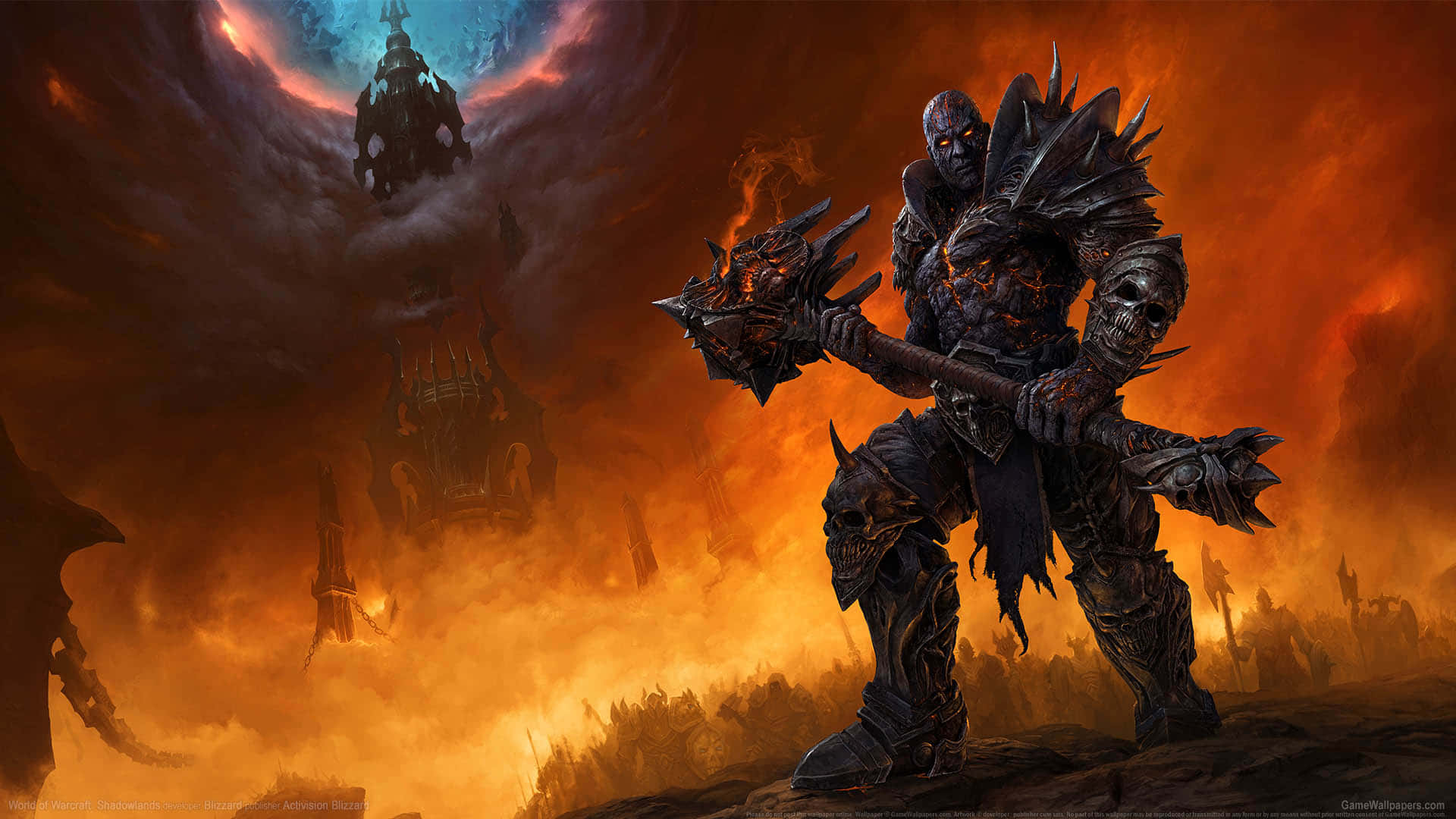 World Of Warcraft 1920x1080 桌布 壁紙 — 一名身穿黑色盔甲的戰士揮舞著帶刺的狼牙棒，背景是熾熱的末日天空，遠處有一座正在崩塌的城堡。