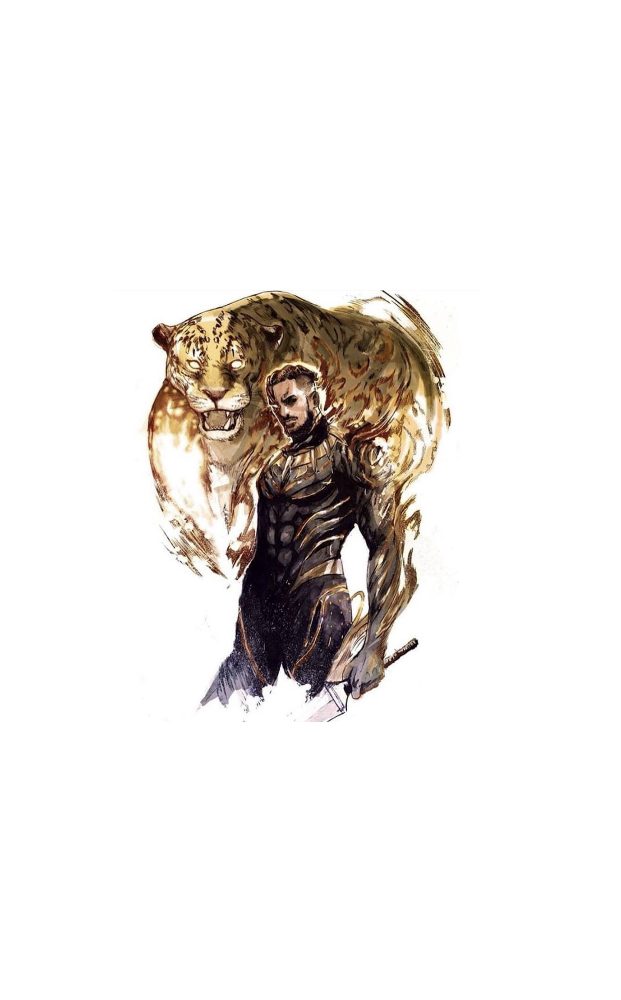 殺人魔哥 桌布 壁紙 — 一名身穿黑色盔甲的戰士站在一頭咆哮的金色豹子旁邊，帶有流暢的筆觸藝術。