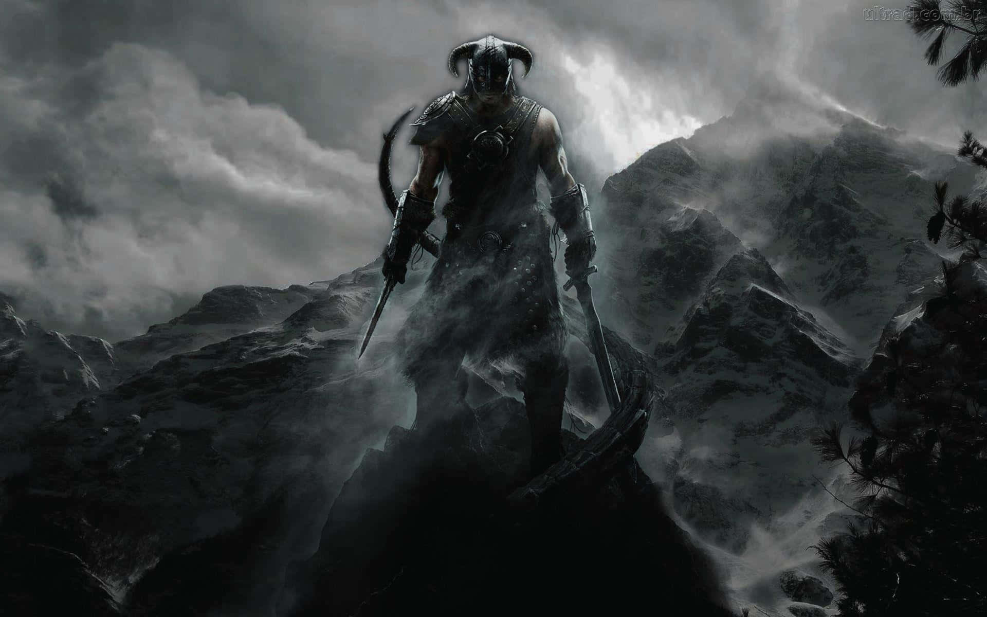 The Elder Scrolls V Skyrim 桌布 壁紙 — 一名身穿黑色盔甲的戰士站在風暴天空下的雪山頂上，手持兩把利刃。