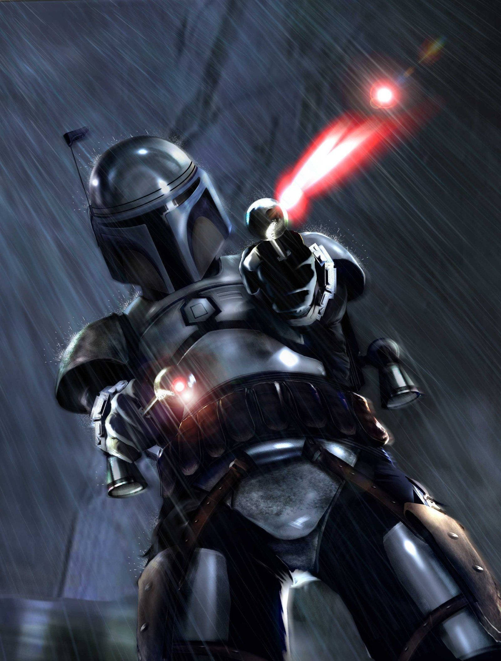 Boba 桌布 壁紙 — 一名身穿黑色盔甲的曼達洛戰士在暴雨中發射紅色爆能槍，伴隨著光線和水痕。