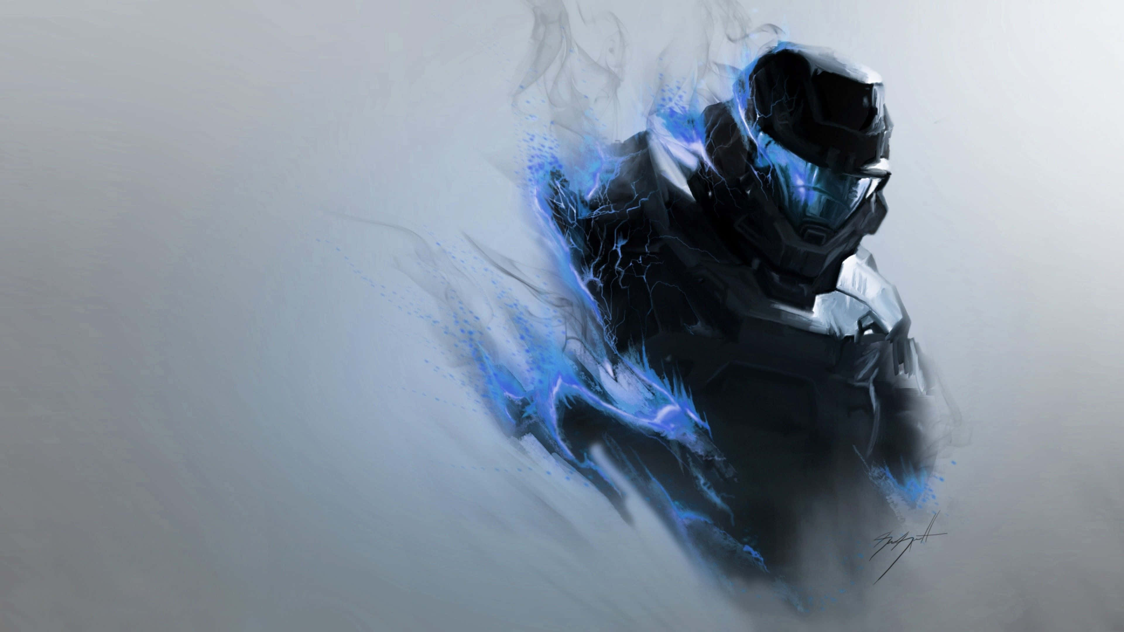 Halo Odst 4K 桌布 壁紙 — 一名身穿黑色盔甲的未來士兵，在霧灰色背景中被電藍色能量包裹。