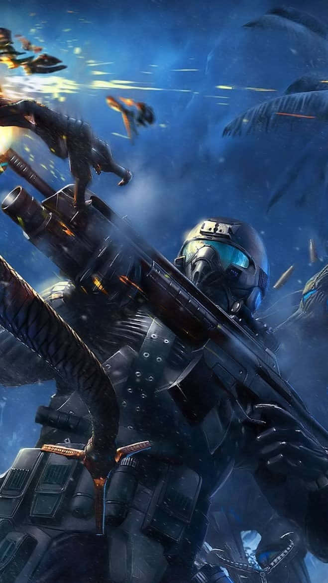 Android Crysis Warhead 桌布 壁紙 — 一名身穿黑色盔甲的未來士兵在暴風雨的藍天下，在爆炸混亂中發射重型武器。