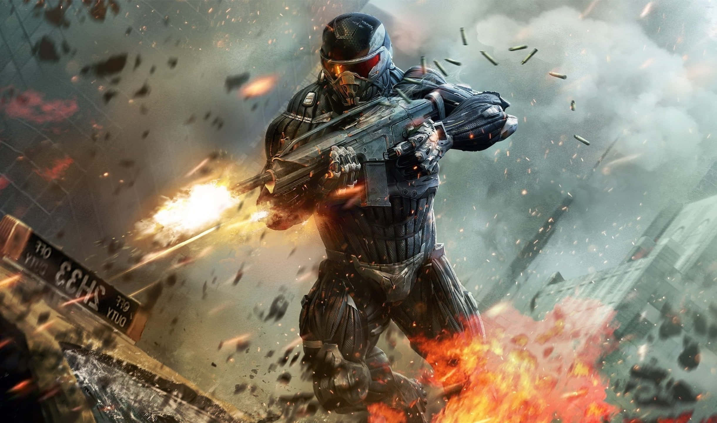 2440x1440 Crysis 3 桌布 壁紙 — 一名身穿黑色盔甲的未來士兵在爆炸和飛濺的碎片中，在飽受戰爭蹂躪的城市戰場上發射熾熱的武器。