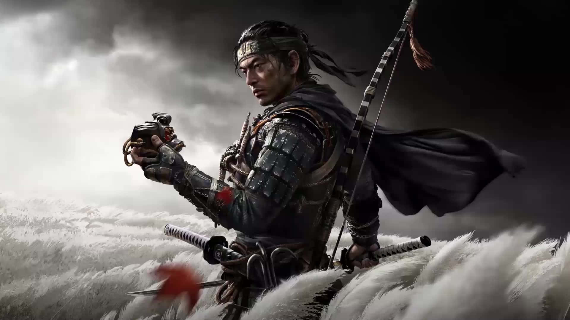 對馬戰鬼 桌布 壁紙 — 一名身穿黑色盔甲的武士站在白雪覆蓋的山頂上，在暴風雨的天空下握著武士刀和弓。