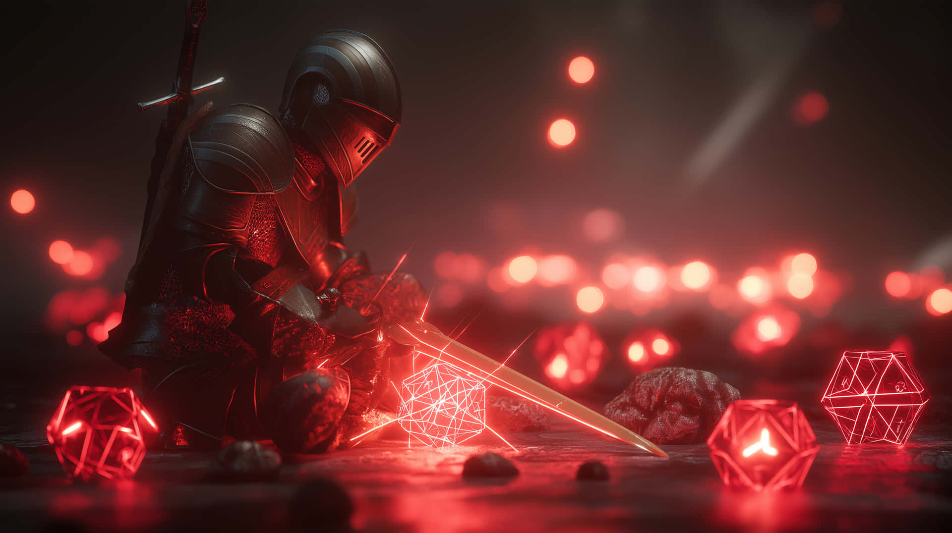 Armored Figure Resting Amidst Luminous Orbs and a Glowing Blade 壁紙 — 一名身穿黑色盔甲的騎士跪在昏暗的紅色場景中，周圍環繞著發光的多面骰子和散落的岩石。