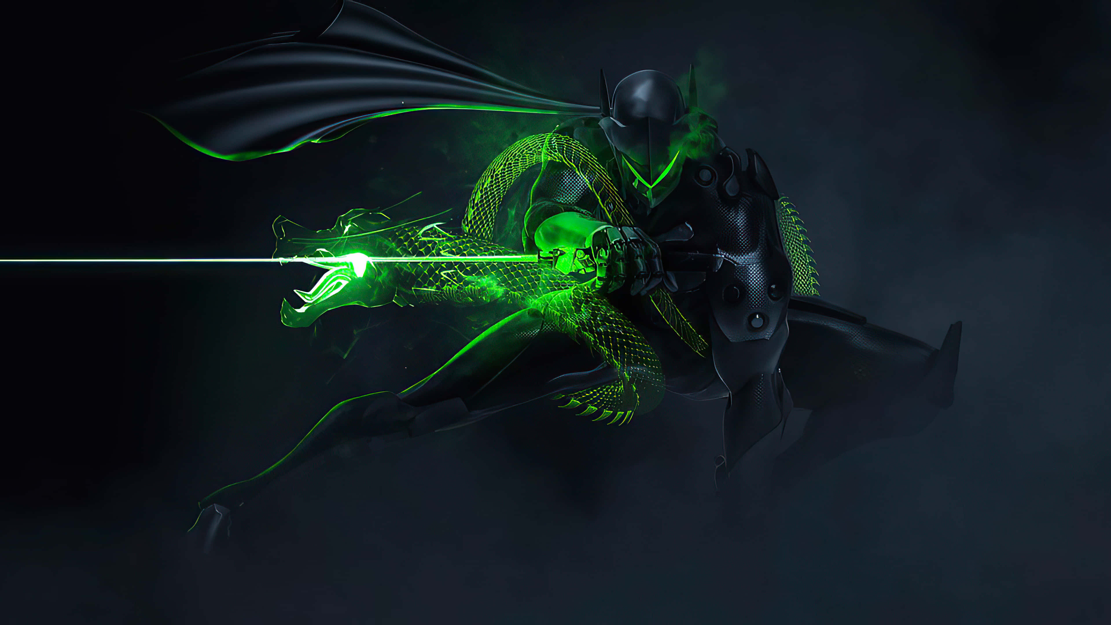 Genji 4K 桌布 壁紙 — 一名身穿黑色盔甲的黑暗騎士在煙霧瀰漫的夜晚場景中，用雷射劍與發光的綠色巨龍戰鬥。