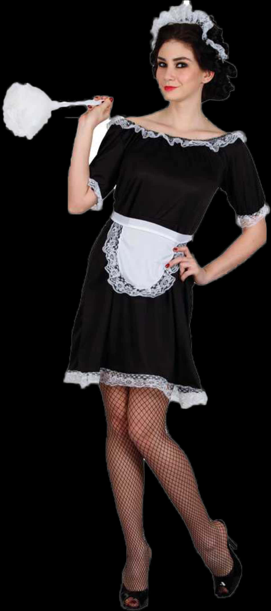 Ladies Dress 桌布 壁紙 — 一名身穿黑色蕾絲邊女傭服、白色圍裙和漁網襪的女性，在黑色背景前拿著雞毛撣子。