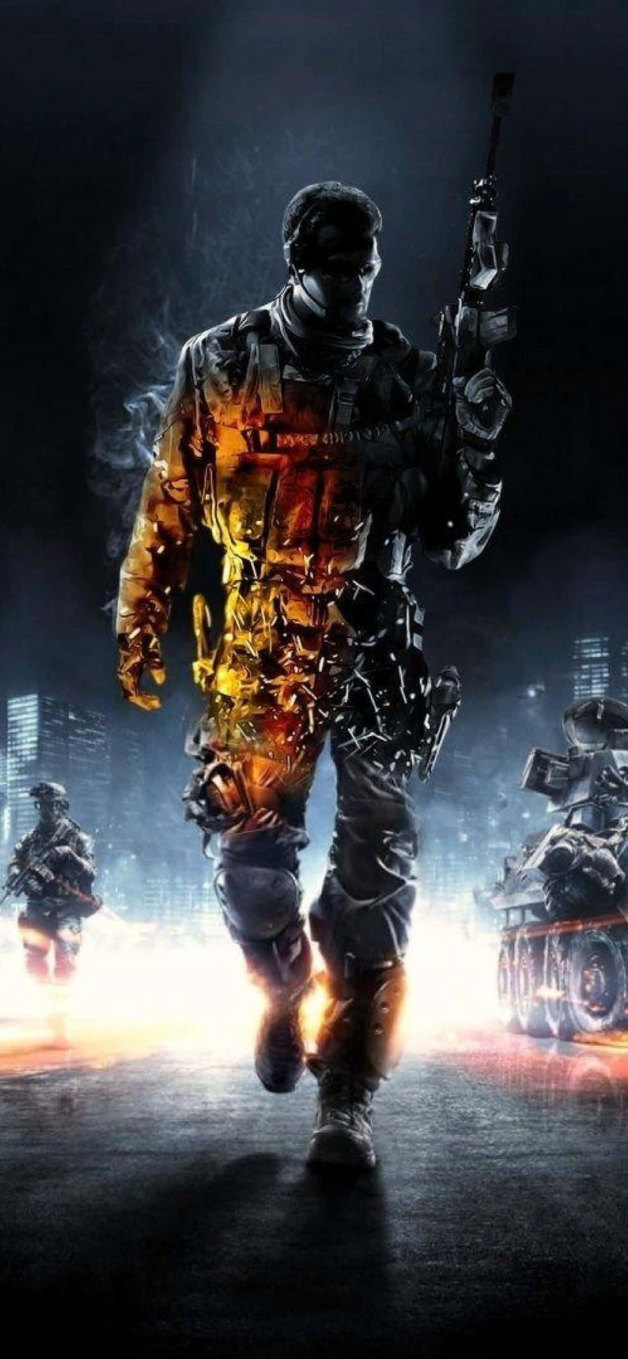 HD Battlefield V 桌布 壁紙 — 一名身穿黑色裝備的士兵向前邁進，火焰吞噬他的軀幹，背景是煙霧瀰漫的城市戰場。