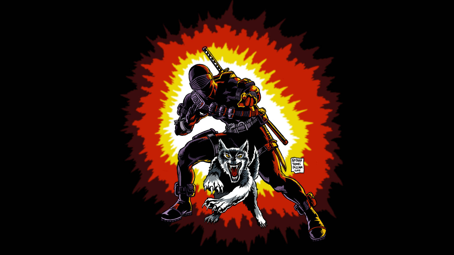 Gi Joe 桌布 壁紙 — 一名身穿黑色裝備的忍者戰士，手持劍，站在一隻咆哮的白狼身後，背景是黑色上燃燒的橙色和紅色爆炸。