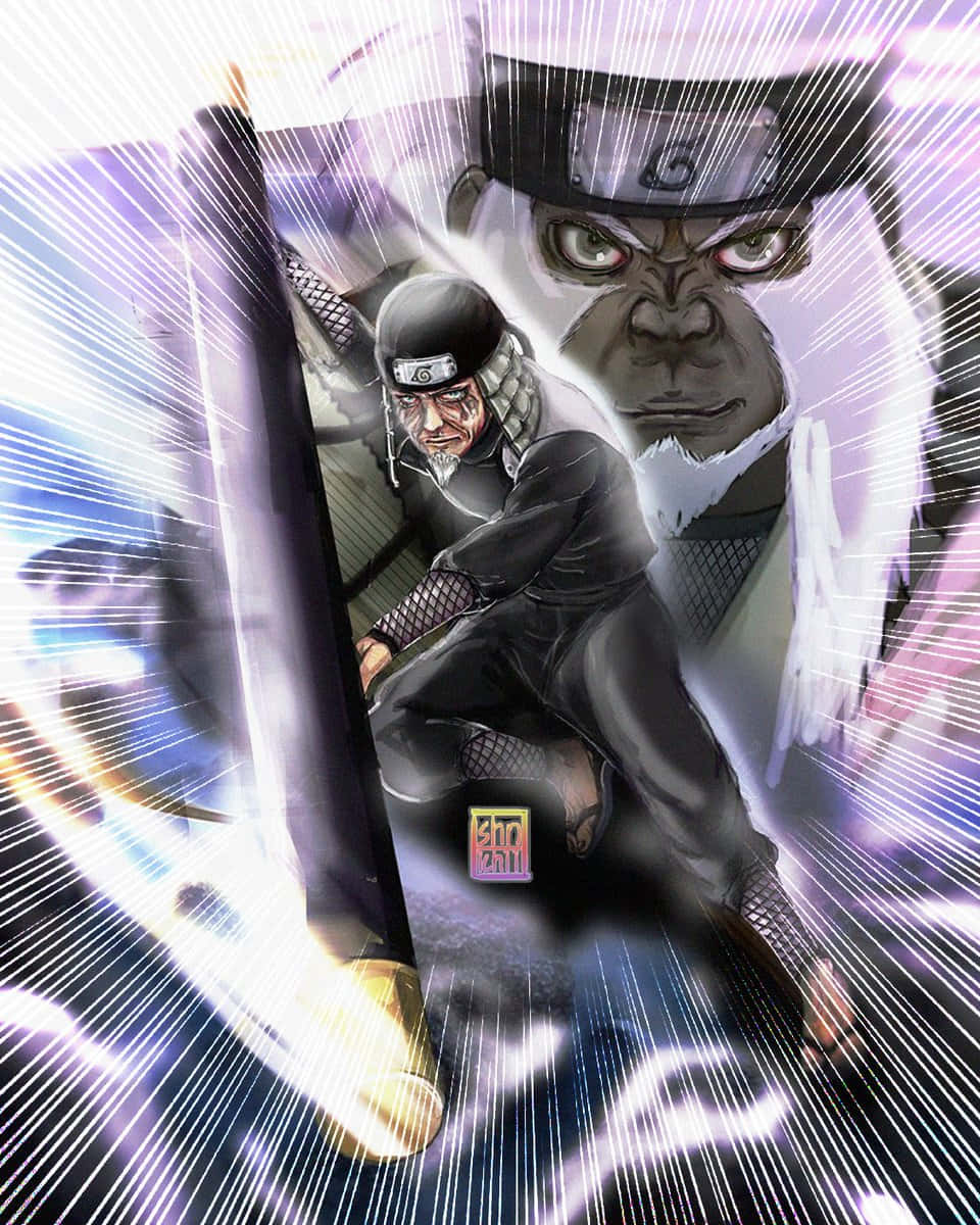 Third Hokage 桌布 壁紙 — 一名身穿黑色裝備的忍者戰士揮舞著發光的劍，而一個巨大的猿類身影在他身後若隱若現，構成一個動態的動漫戰鬥場景。