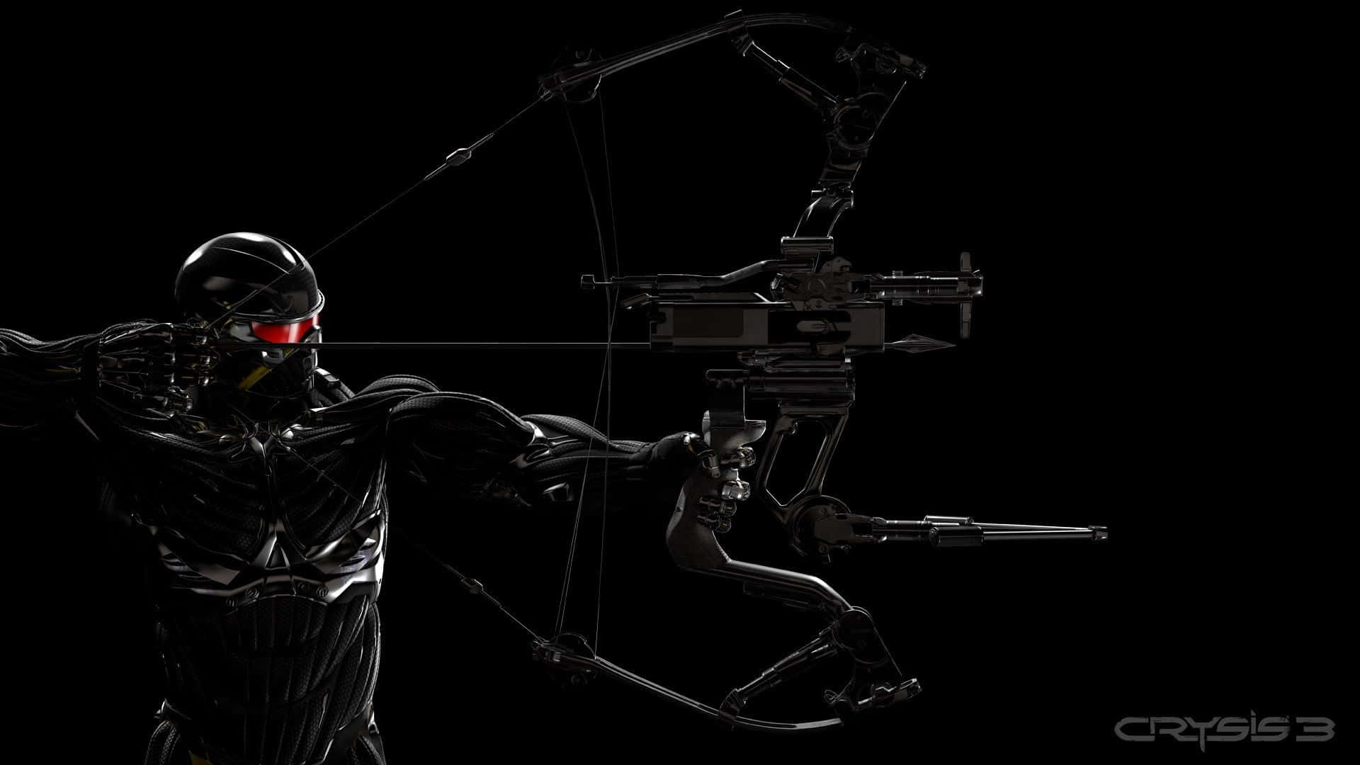 Archery 桌布 壁紙 — 一名身穿黑色裝甲、雙眼發出紅光的未來戰士，正拉開一把高科技弓，對抗黑暗虛空。
