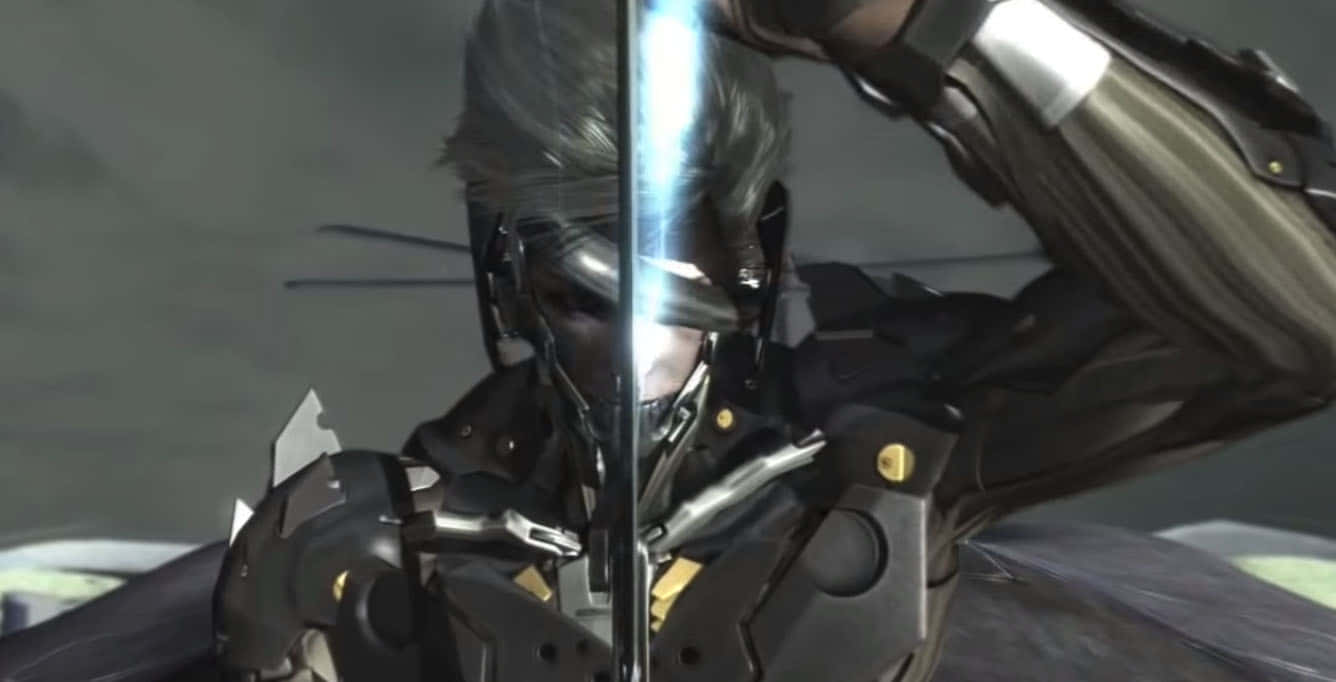 Metal Gear Solid Characters 桌布 壁紙 — 一名身穿黑色裝甲的機械士兵在 gritty 的未來場景中手持發光劍。