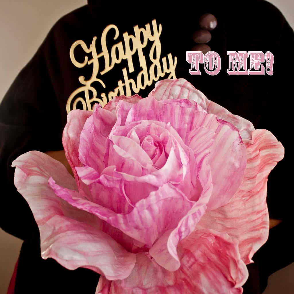 Happy Birthday To Me 桌布 壁紙 — 一名身穿黑色襯衫、印有金色「Happy Birthday」文字的人，手持一朵帶有白色條紋的大粉紅玫瑰。