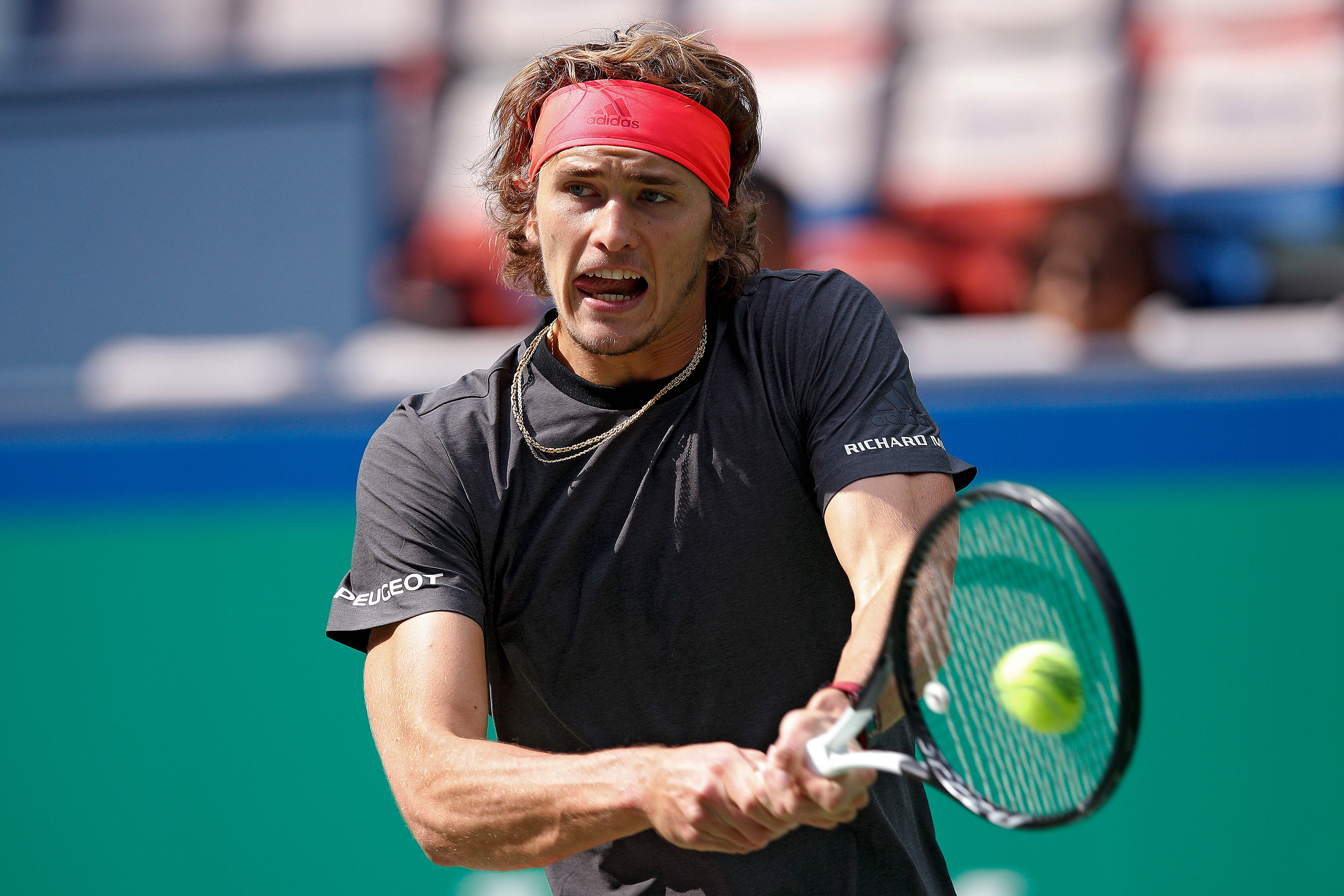 alexander zverev 桌布 壁紙 — 一名身穿黑色襯衫和紅色頭帶的男性網球運動員，在明亮的日光下，在綠色球場上猛烈揮拍擊打黃色網球。