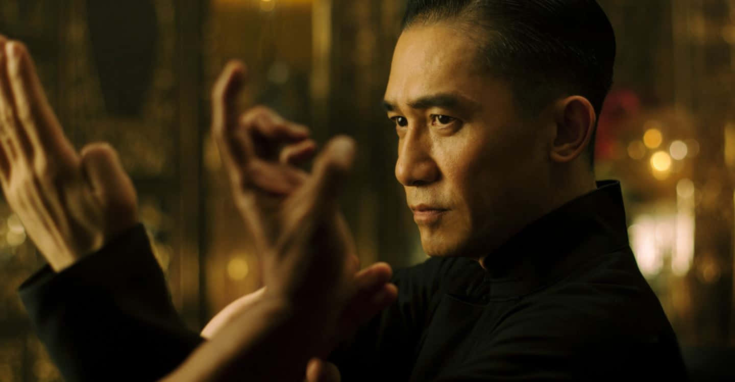 the grandmaster 桌布 壁紙 — 一名身穿黑色襯衫的男子在昏暗環境中，於溫暖的金色散景燈光下做出武術手勢。