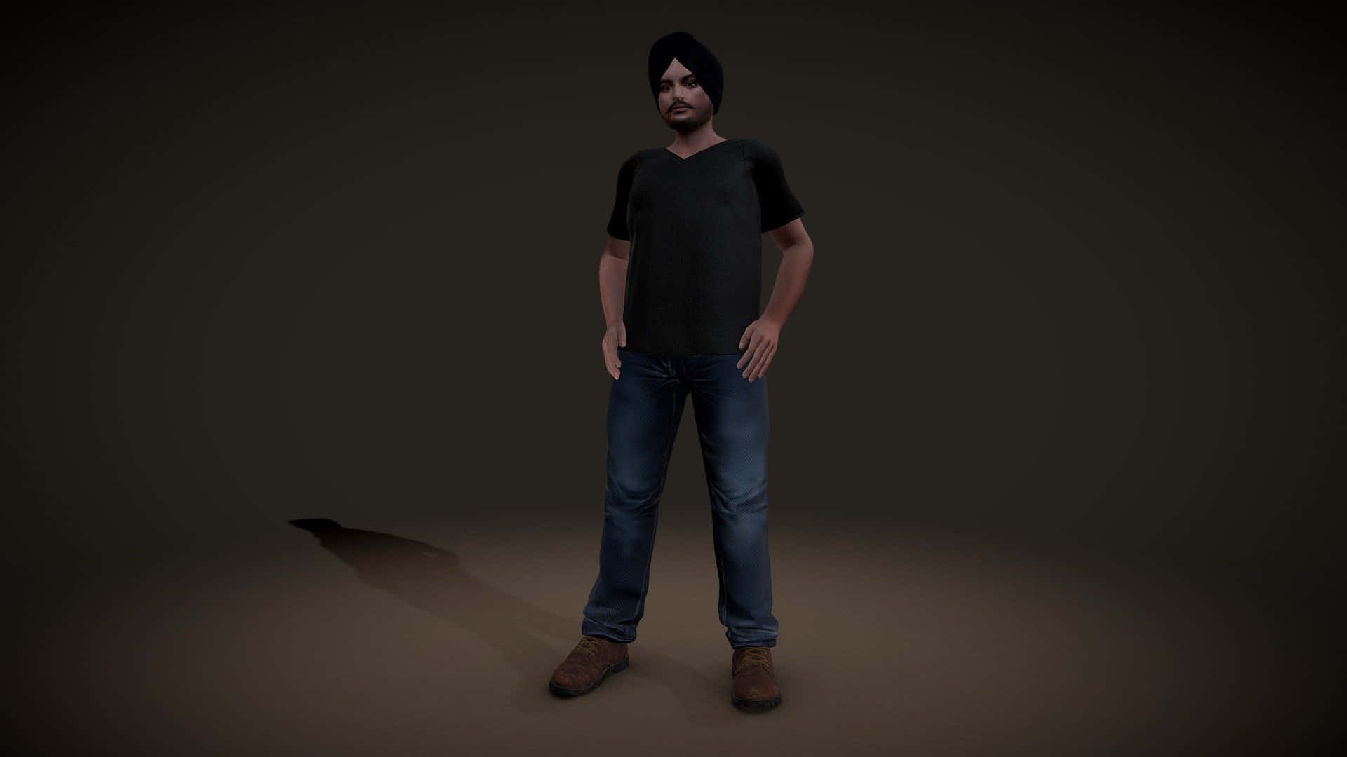 一名身穿黑色襯衫與牛仔褲的男子，站在深色背景前 壁紙