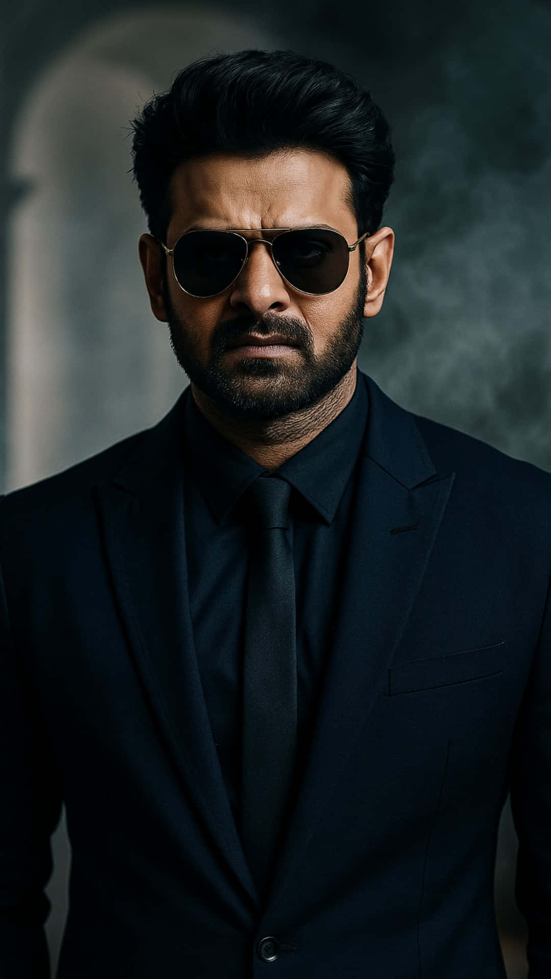 Actor prabhas wallpapers 壁紙 — 一名身穿黑色西裝和領帶的男子，在煙霧瀰漫的深色背景中戴著飛行員太陽眼鏡。
