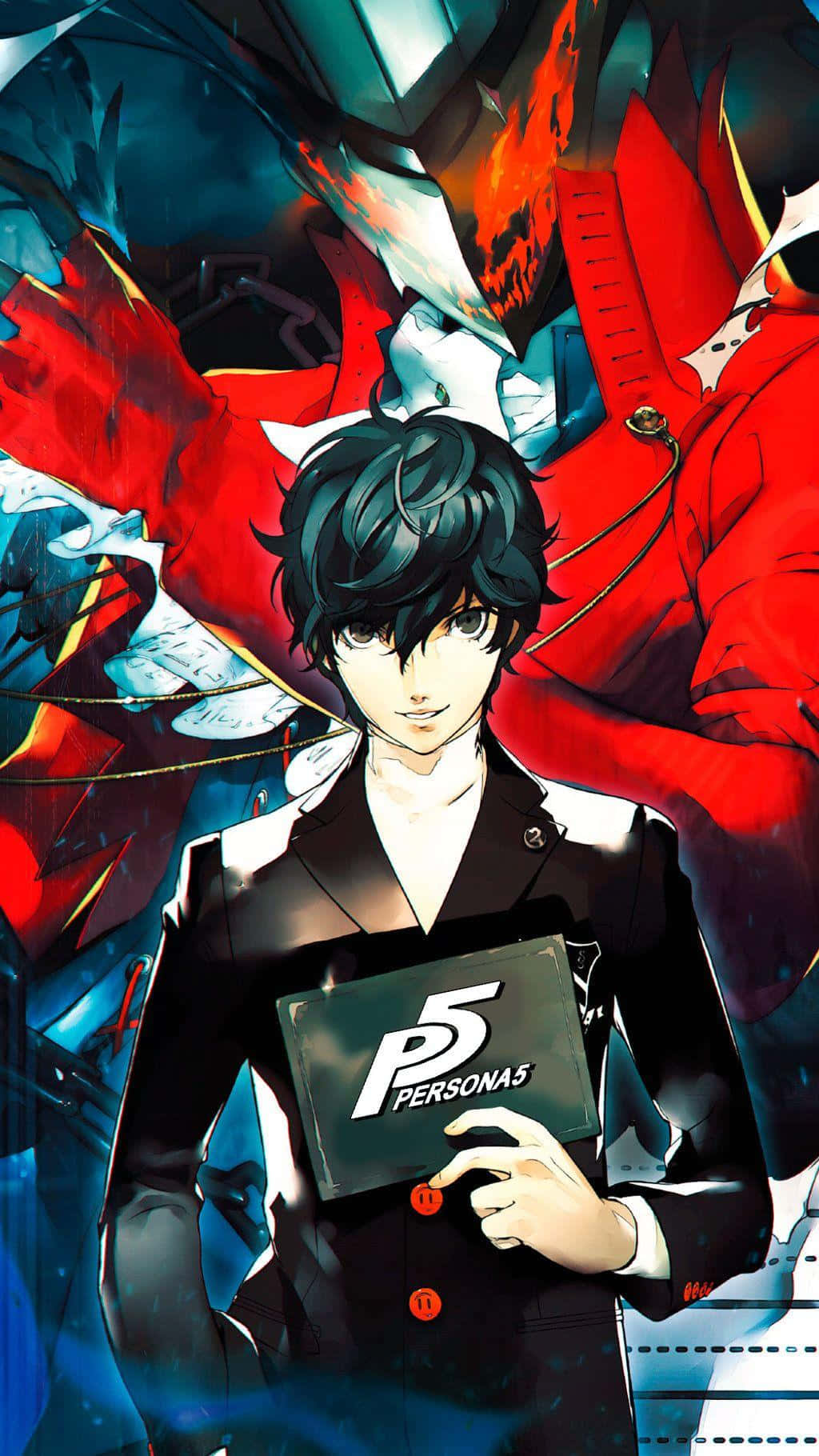 女神異聞錄5 桌布 壁紙 — 一名身穿黑色西裝的年輕男子手持Persona 5遊戲盒，身後有火紅和藍色的機械怪物 looming。