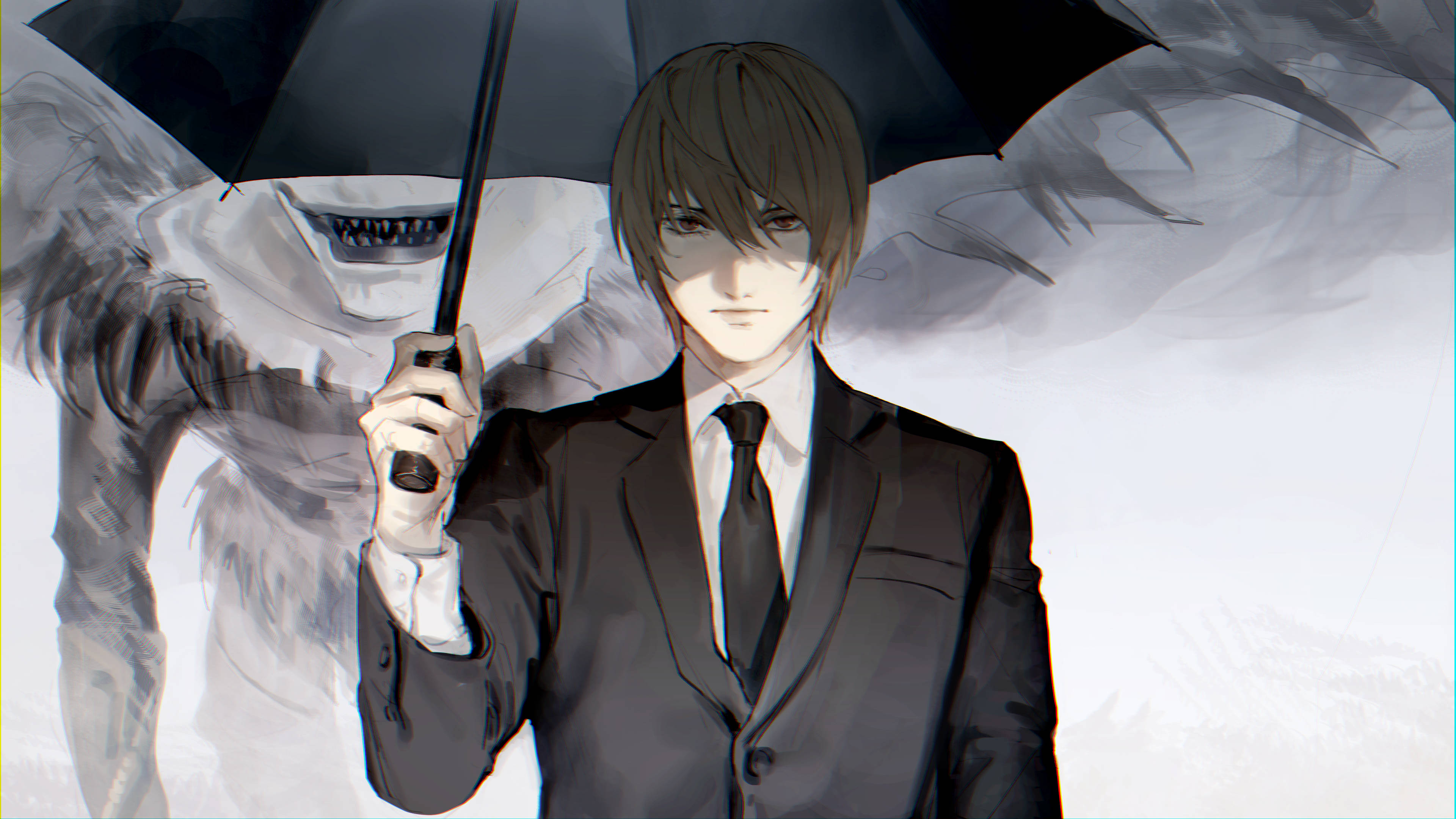 Ryuk 桌布 壁紙 — 一名身穿黑色西裝的年輕男子撐著雨傘，身後有一個咧嘴笑的陰影有翼生物潛伏著。