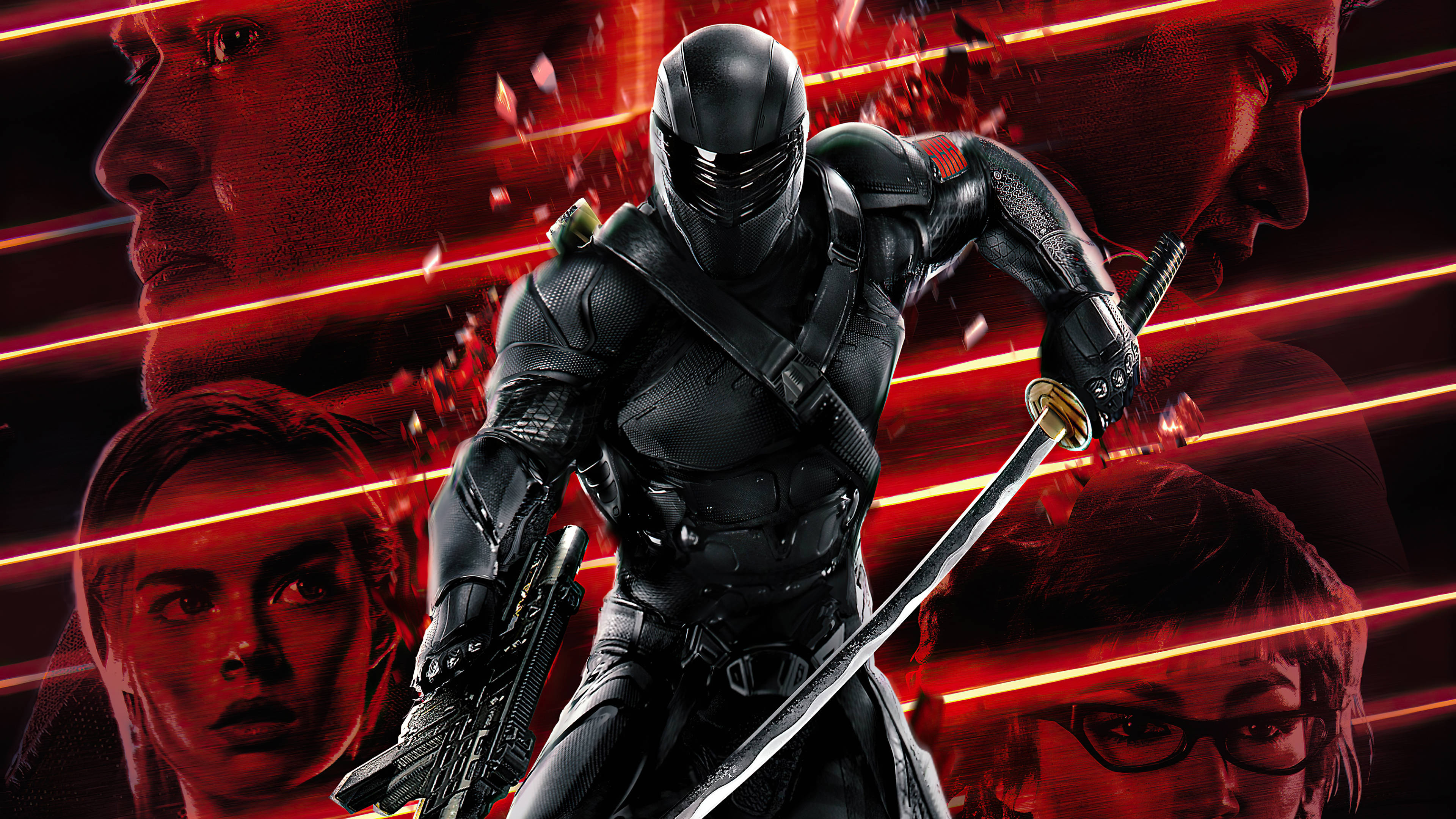 Eyes 桌布 壁紙 — 一名身穿黑色西裝的忍者戰士在紅色燈光背景下揮舞劍和步槍，背景是模糊的人臉。