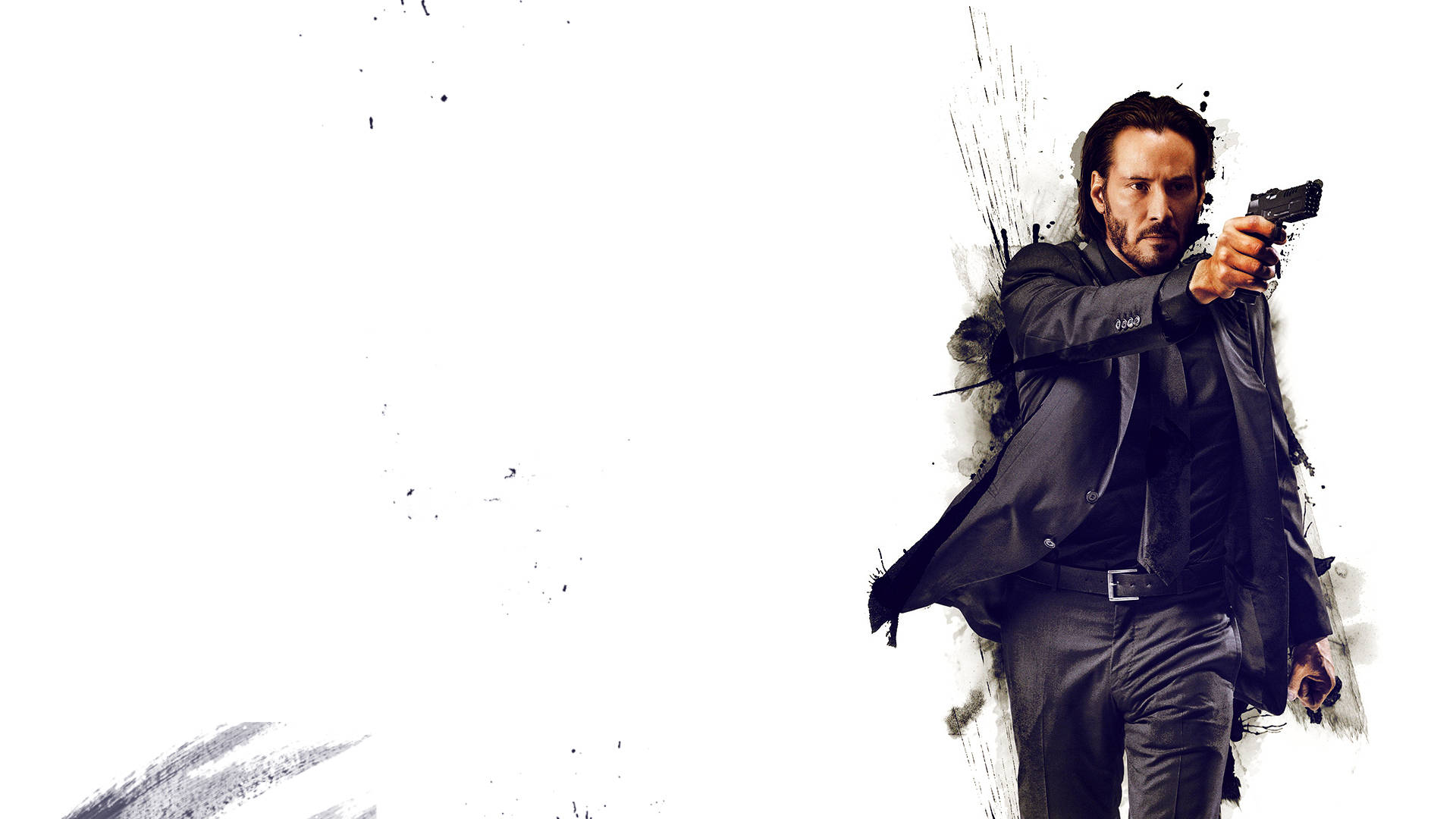 John Wick 桌布 壁紙 — 一名身穿黑色西裝的男子，在帶有墨水飛濺效果的純白背景下，專注地瞄準一把手槍。