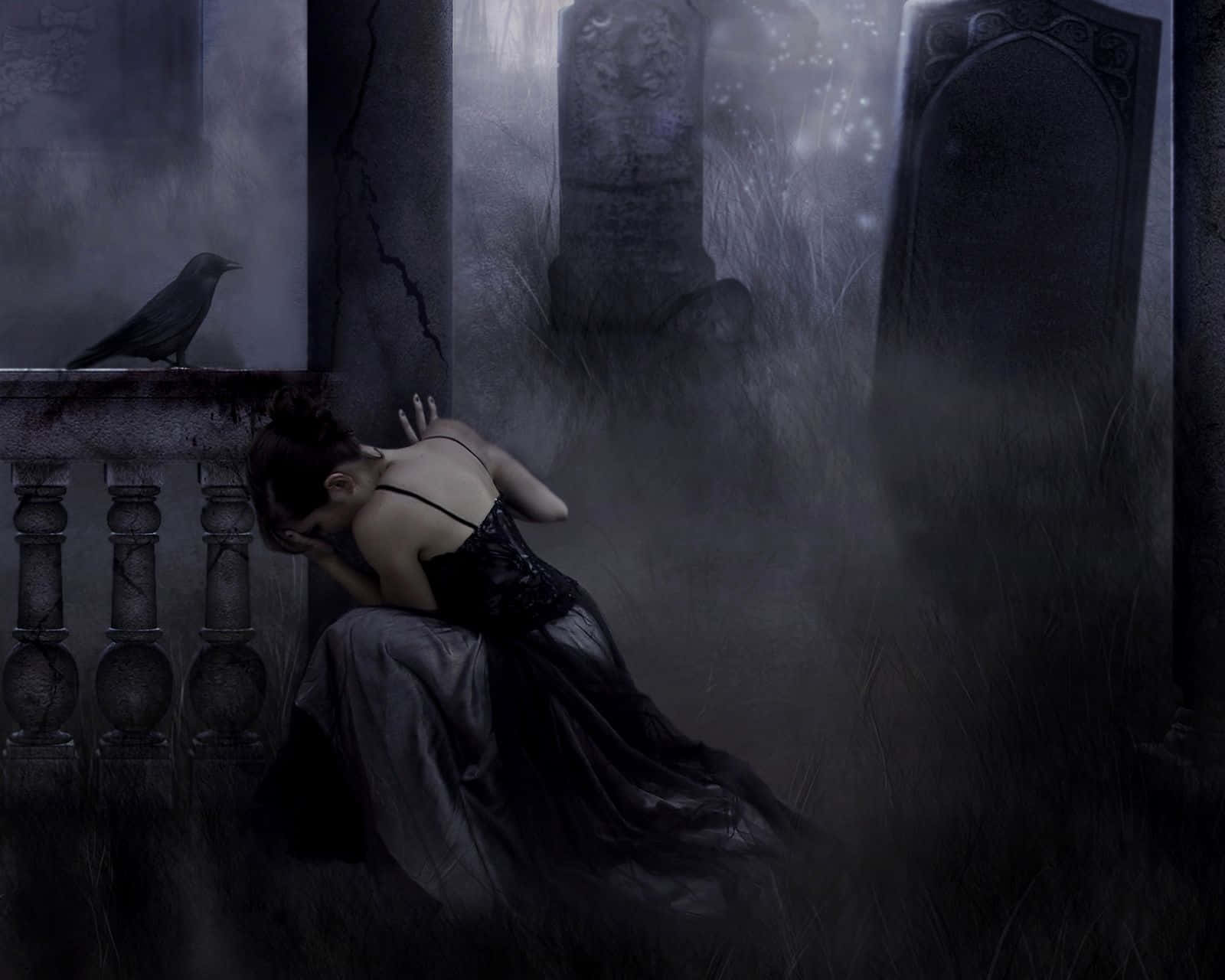 Dark Gothic 桌布 壁紙 — 一名身穿黑色連衣裙的女子在霧氣瀰漫的墓地中獨自哀悼，一隻烏鴉棲息在附近的石欄杆上。