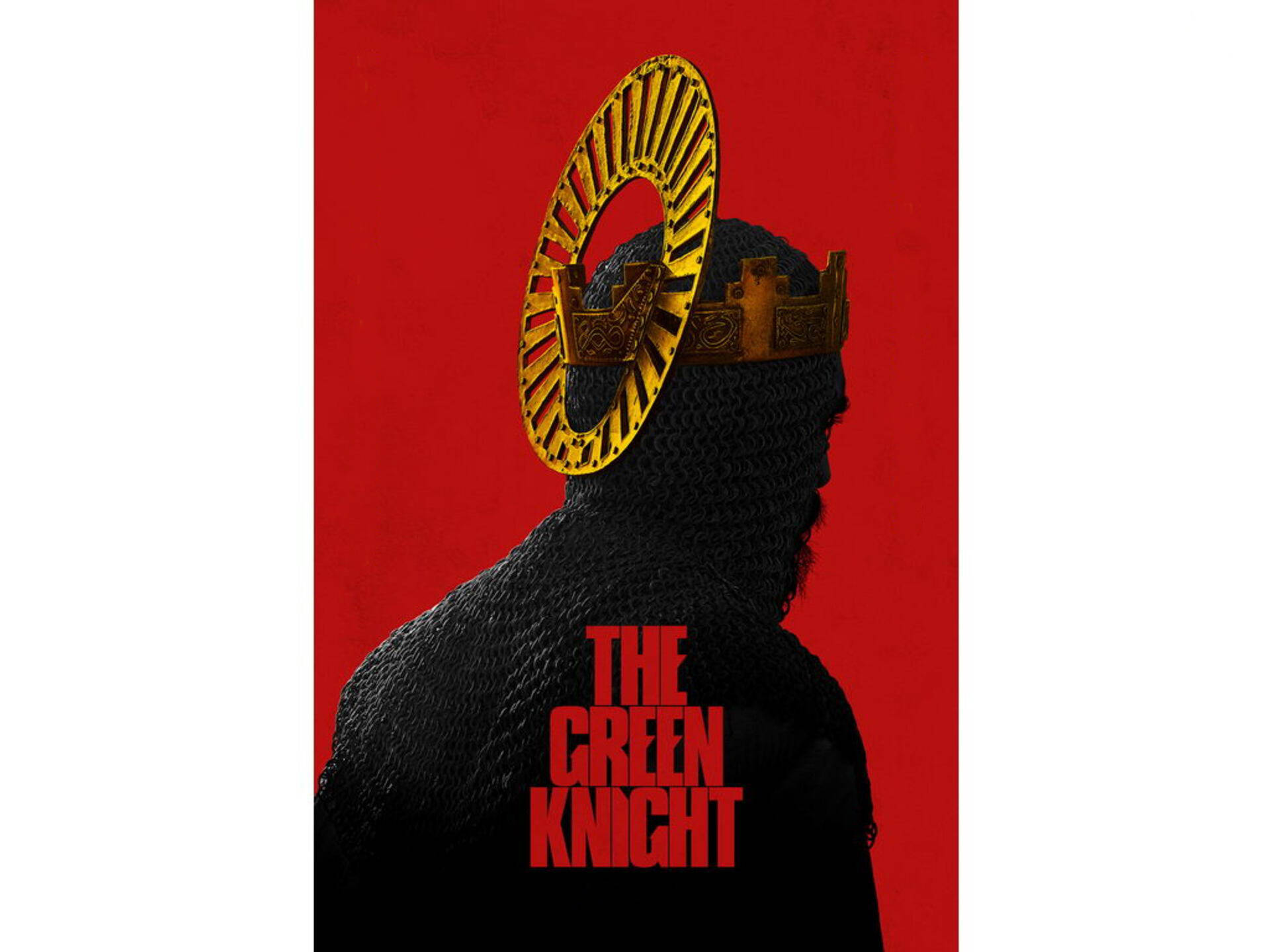 The Green Knight 桌布 壁紙 — 一名身穿黑色鎖子甲、頭戴金色王冠並帶有太陽光環的騎士，以剪影姿態站在大膽的紅色背景前。