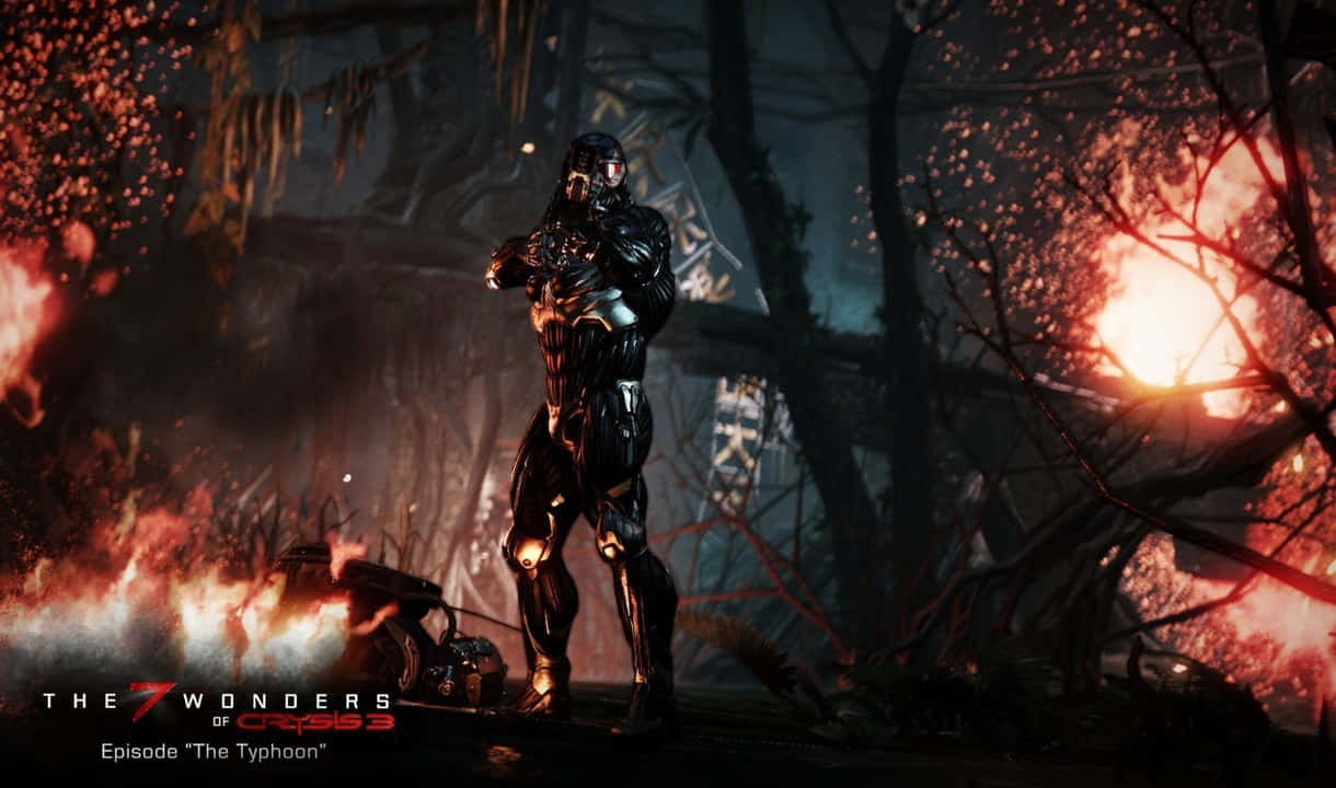 720p Crysis 3 桌布 壁紙 — 一名身穿黑色鎧甲的戰士，在夜晚的火焰森林中站立，周圍是發光的餘燼和扭曲的樹木。