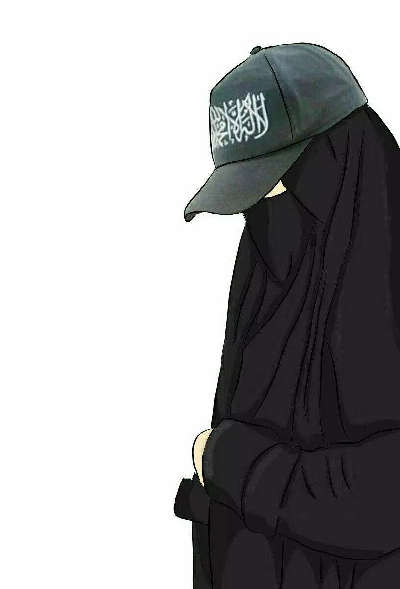 muslim 桌布 壁紙 — 一名身穿黑色長袍、戴著帶有白色阿拉伯文字的帽子的人，側面站在純白色背景前。