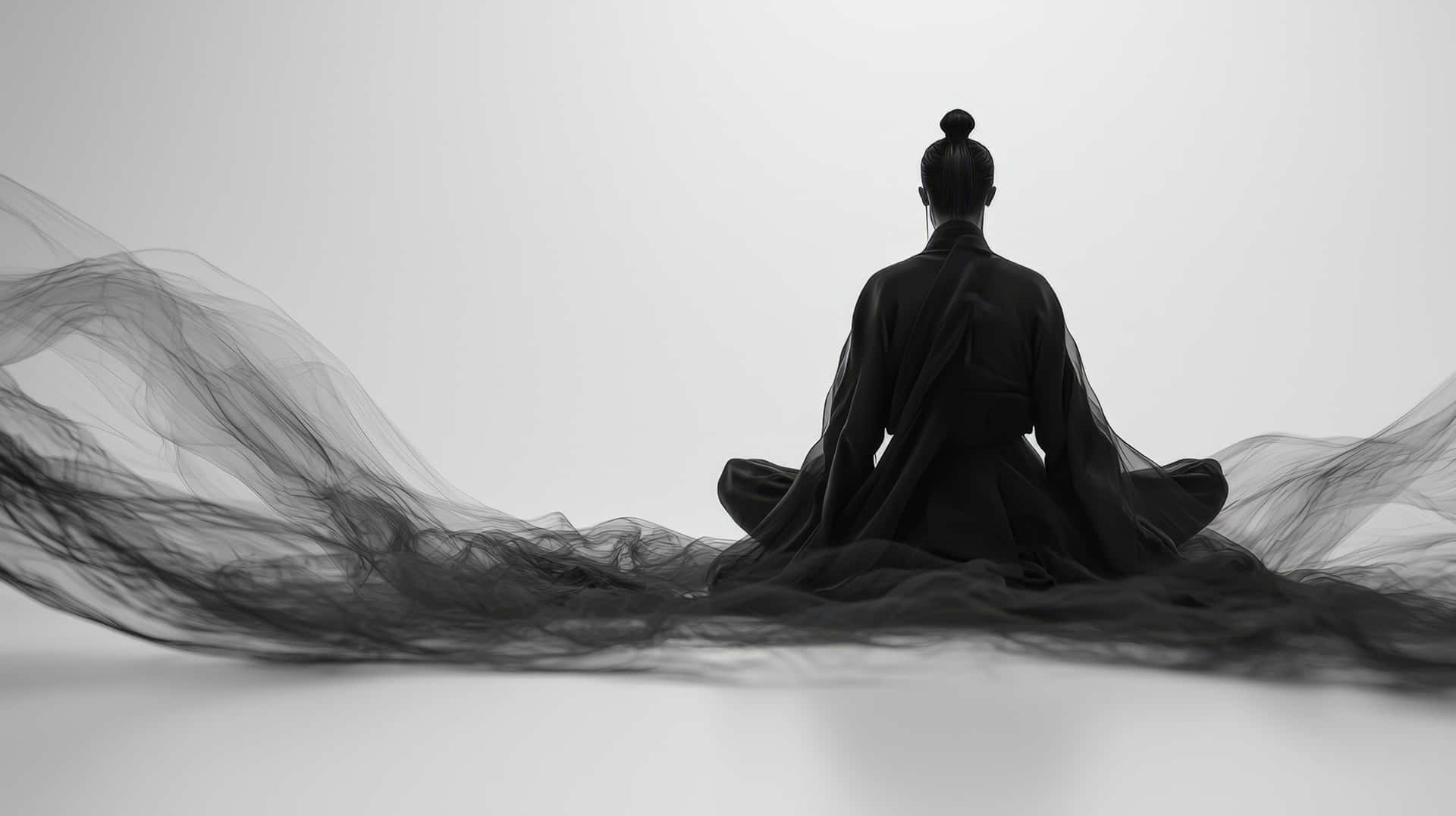 Mysterious Figure in Black Traditional Robe Sitting in a Meditative State on White Background 壁紙 — 一名身穿黑色長袍的人，在純白色背景前，盤腿坐在飄逸的黑色布料上。