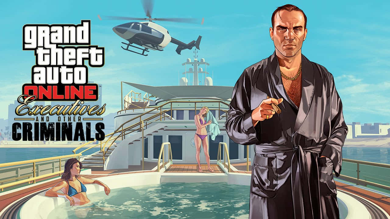 Gta Online 桌布 壁紙 — 一名身穿黑色長袍的男子在豪華遊艇上向前指，兩名女子在泳池中放鬆，一架直升機在頭頂飛過。