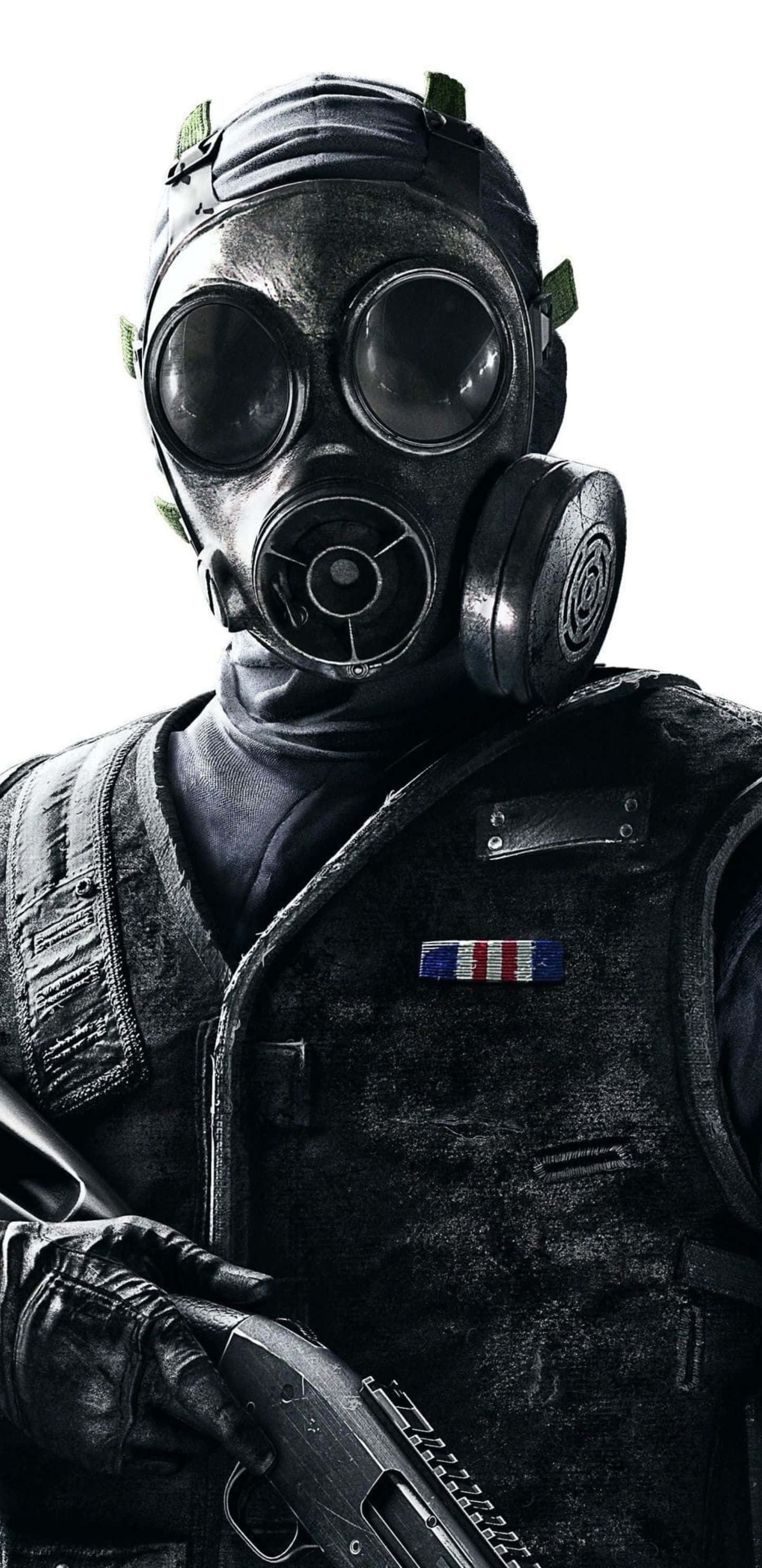 Pixel 3xl Rainbow Six Siege 桌布 壁紙 — 一名身穿黑色防毒面具和戰術背心的士兵，在純白背景下手持霰彈槍。