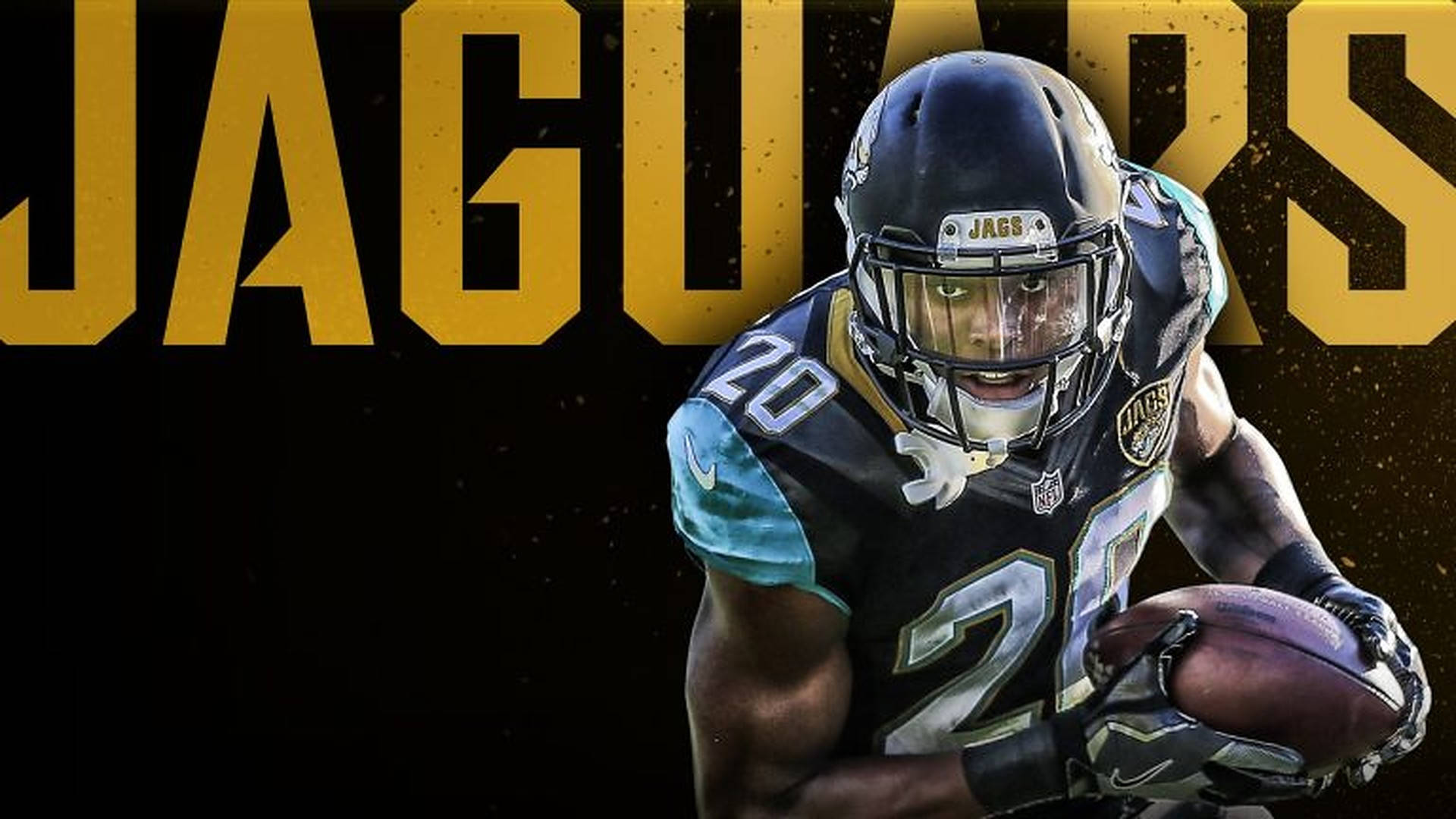 Jaguars 桌布 壁紙 — 一名身穿黑色青綠色球衣的傑克遜維爾美洲虎足球員，在帶有粗體金色球隊字母的深色背景下持球奔跑。
