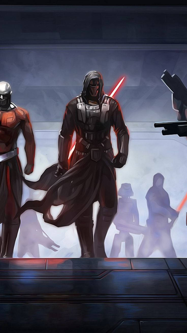 Revan 桌布 壁紙 — 一名身穿黑衣的西斯尊主手持紅色光劍，在一個未來風格的房間中威嚴地站立，附近有風暴兵和一名紅色裝甲戰士。