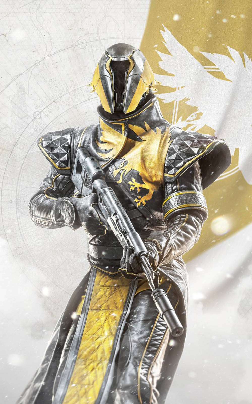 Destiny 2 桌布 壁紙 — 一名身穿黑金盔甲的未來士兵，在雪地背景下手持步槍，並帶有發光徽章。