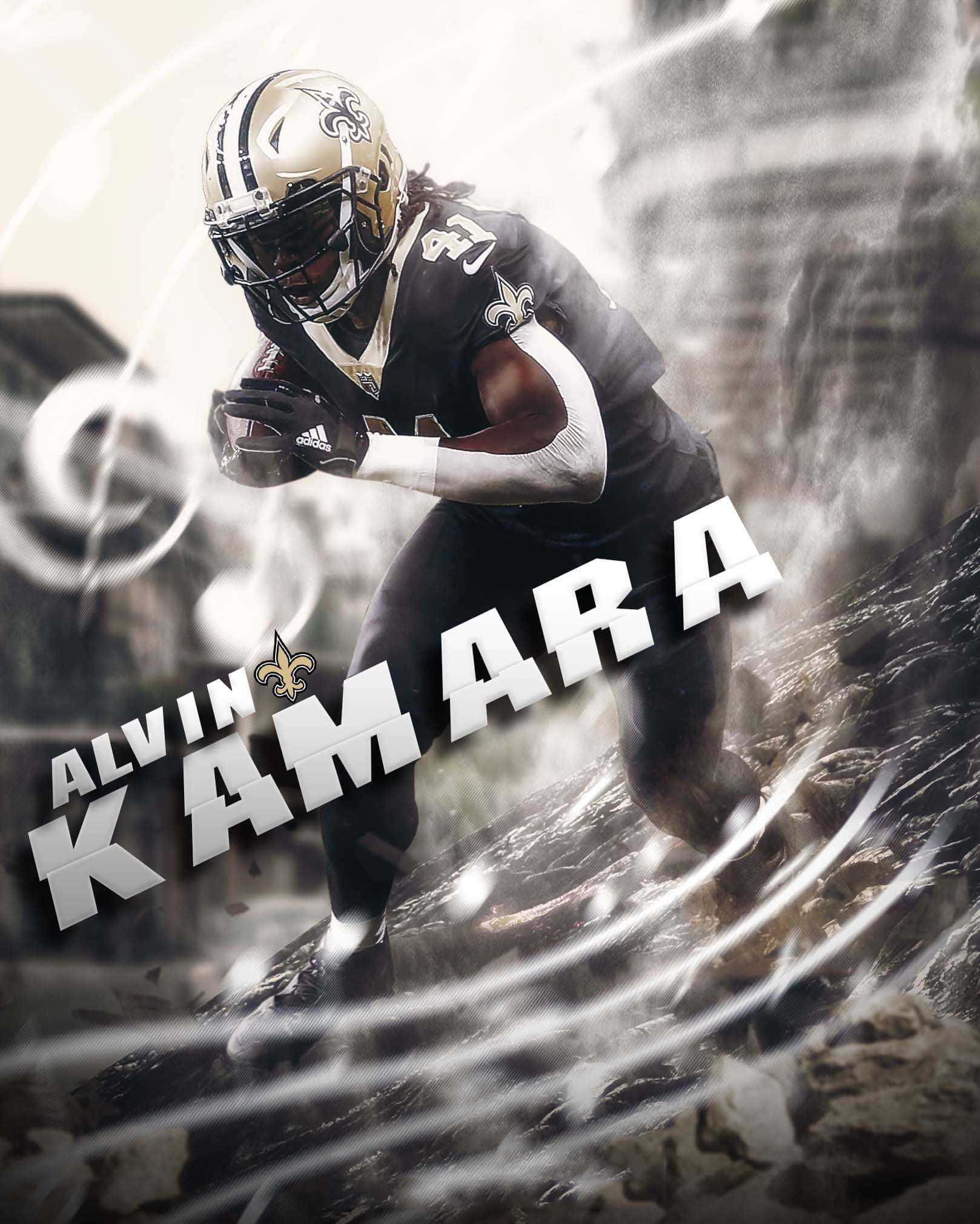 Alvin Kamara 桌布 壁紙 — 一名身穿黑金色球衣的動感足球員，在動態模糊和抽象線條中持球向前衝刺。