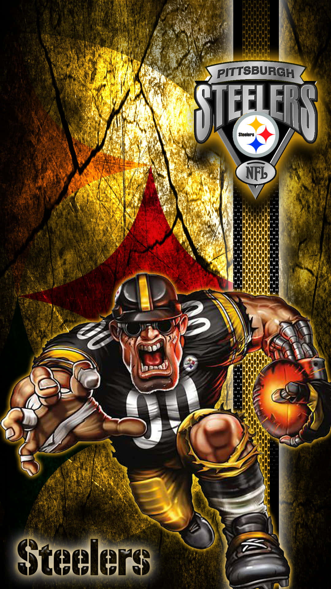 Steelers Phone 桌布 壁紙 — 一名身穿黑金色球衣的匹茲堡鋼人隊美式足球員，在裂紋金色背景前，手持發光足球向前衝鋒。